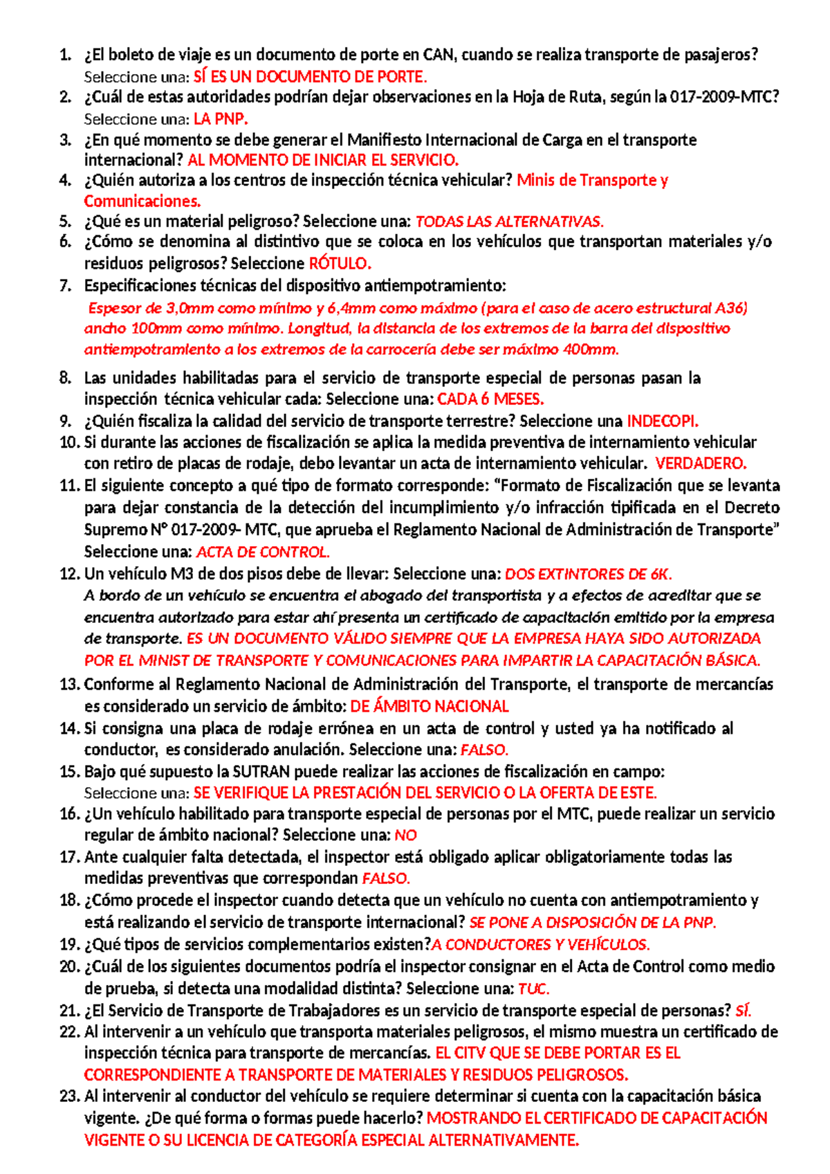 Banco de Preguntas - Examen de Fiscalización de Transportes (SUTRAN) - Document Preview
