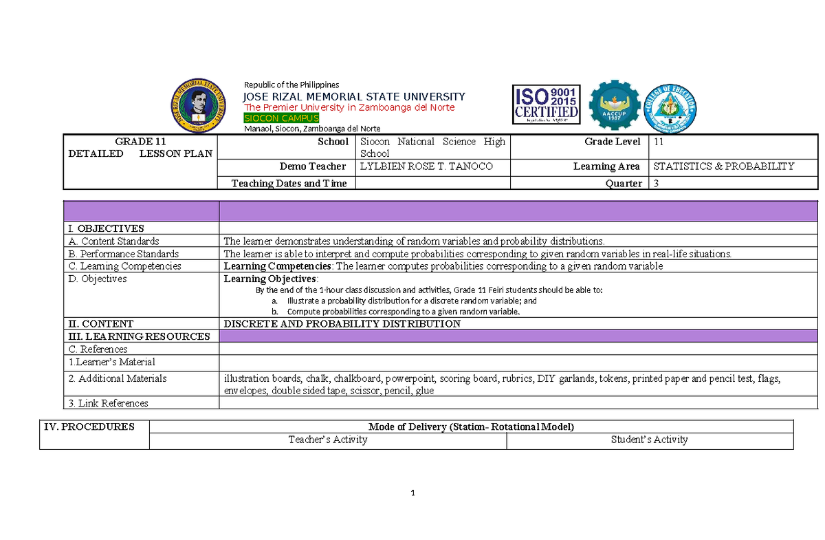 Grade 11 Math Lesson Plan: Understanding Probability Distributions ...