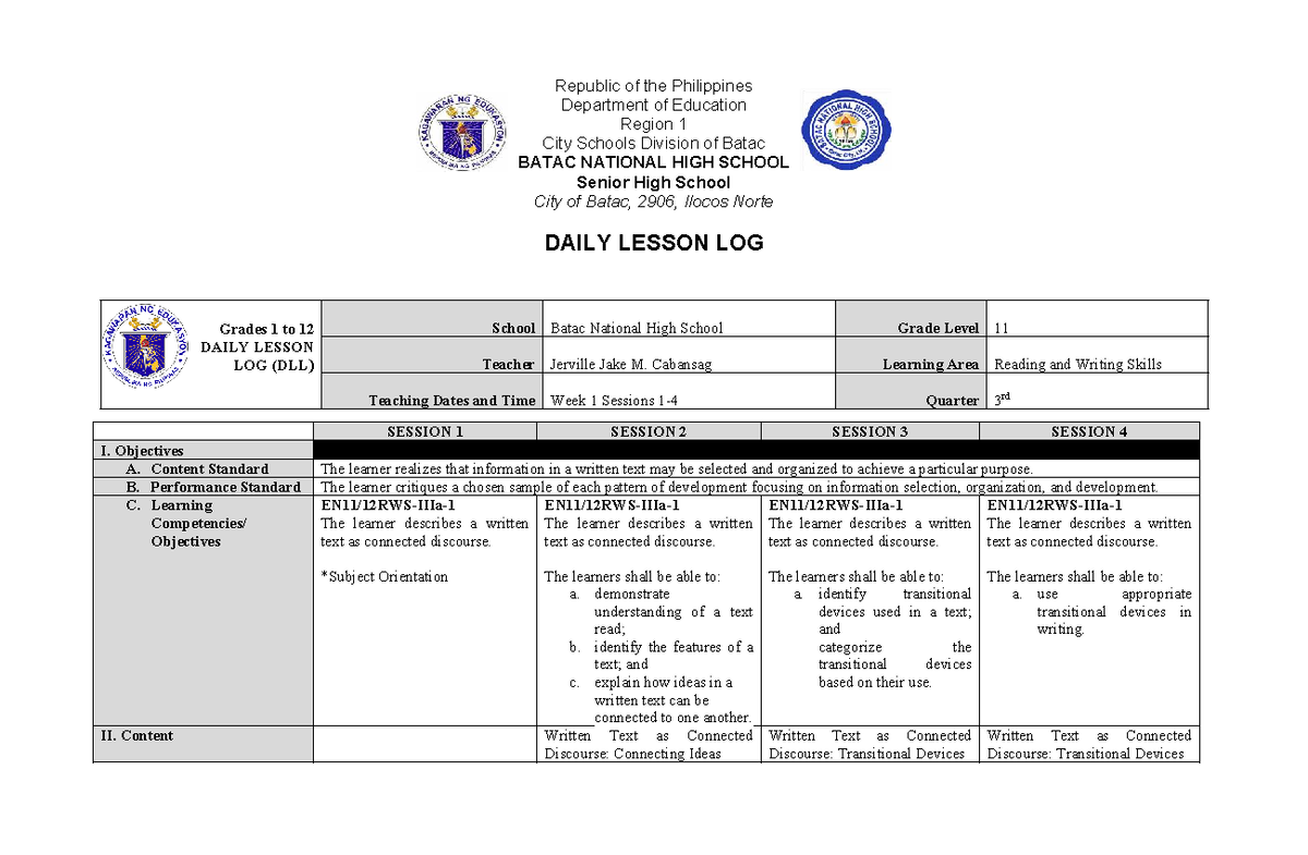 Daily Lesson Log (DLL) for Reading and Writing Skills - Grade 11 ...