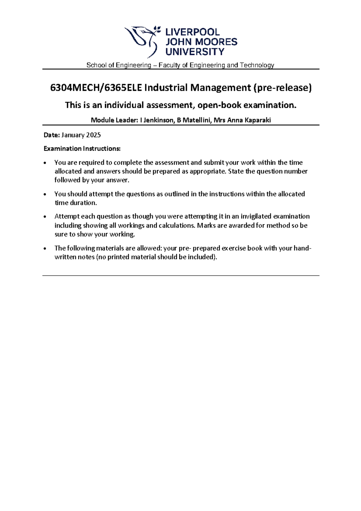 6304MECH Industrial Management Pre-release Exam Instructions (2024-25 ...