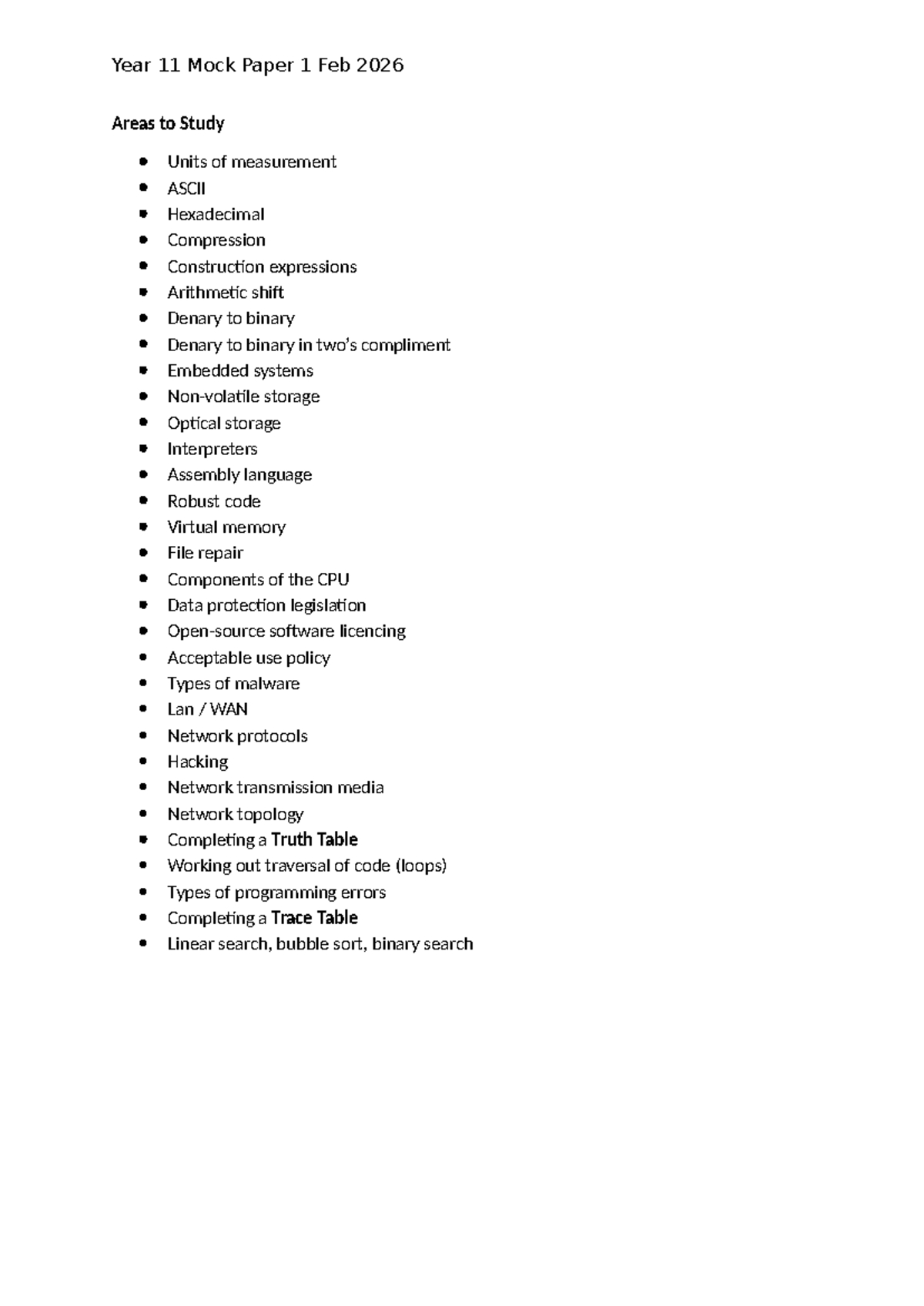 Year 11 Mock Paper 1 Feb 2026 Revision Guide: Key Study Areas - Studocu