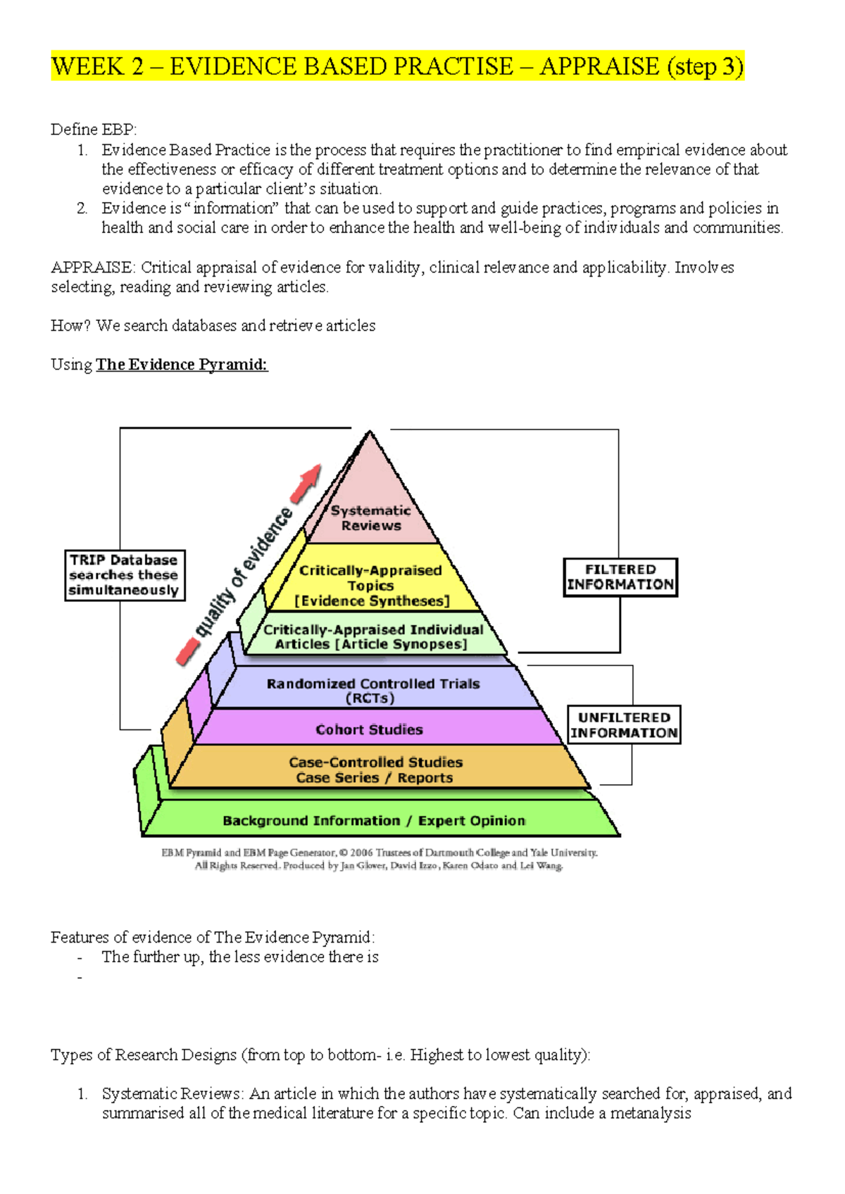 WEEK 2 108 - EBP: Appraising Evidence for Clinical Practice - Studocu