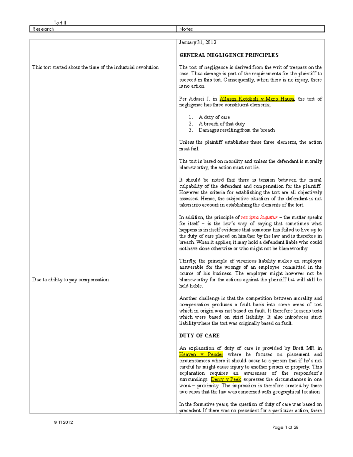 Tort II Class Notes: General Negligence Principles & Duty of Care - Studocu