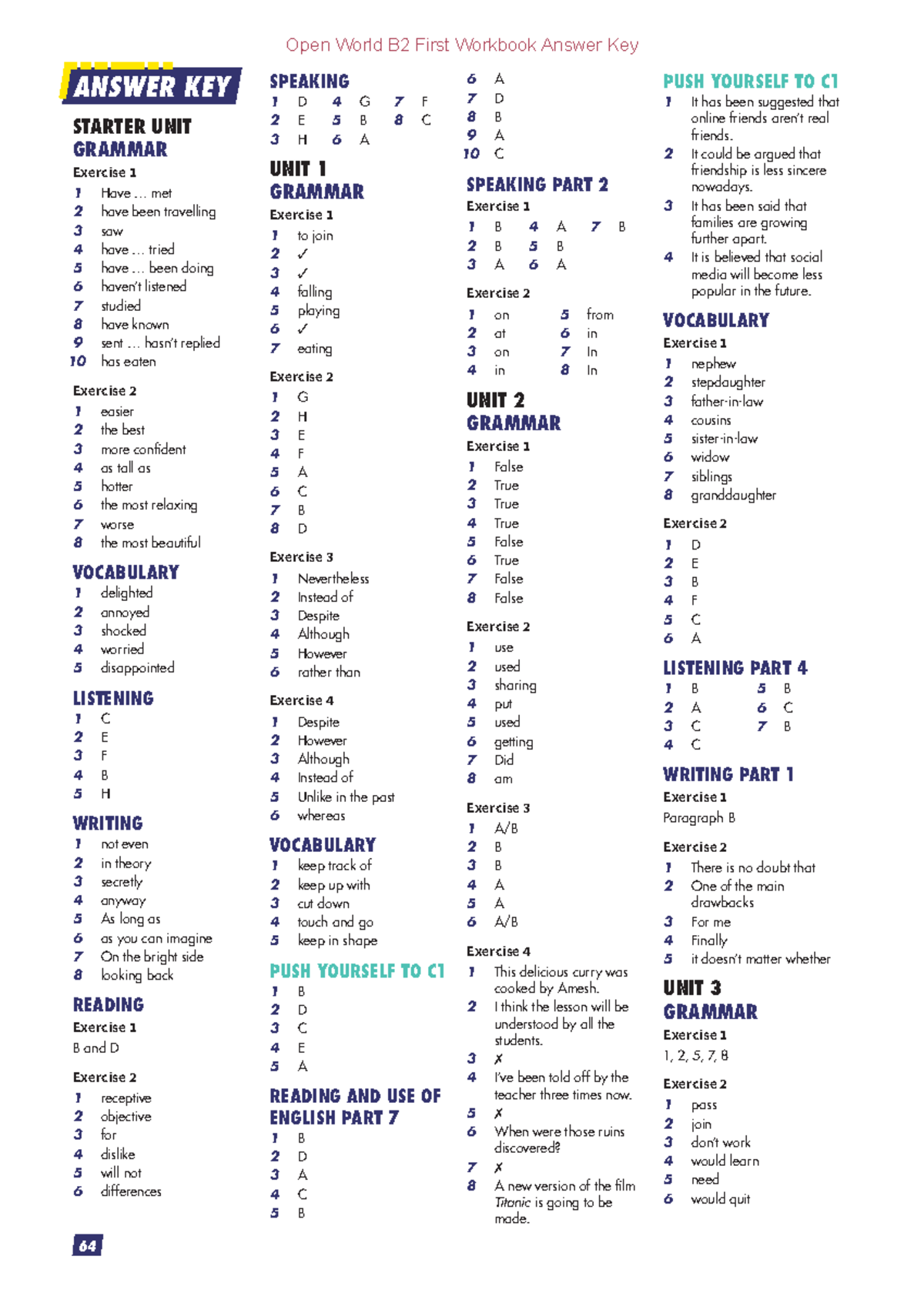 Open World B2 First - Workbook Answer Key (Units 1-13) - Studocu