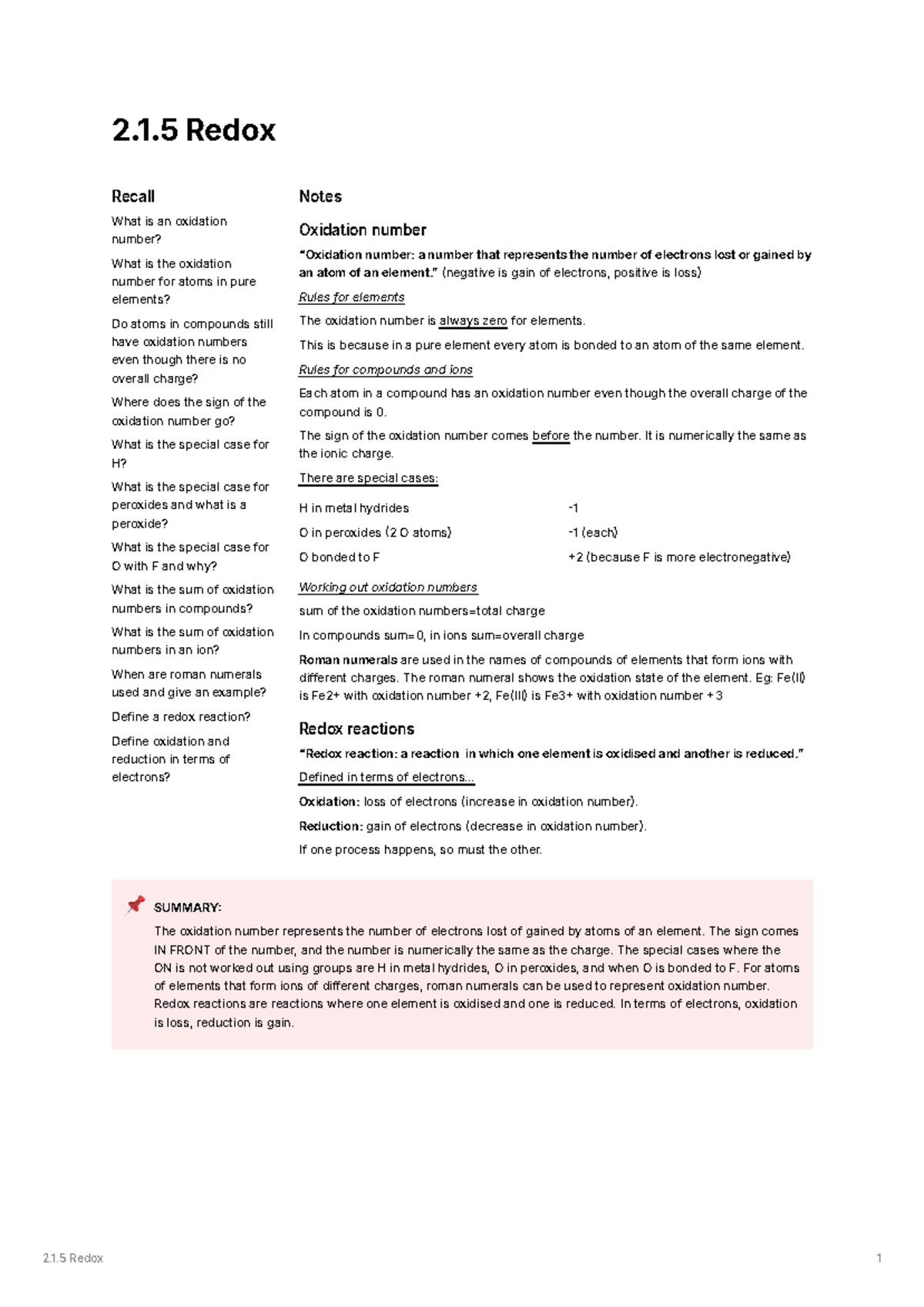 2.1.5 Redox: Understanding Oxidation Numbers and Reactions - Studocu