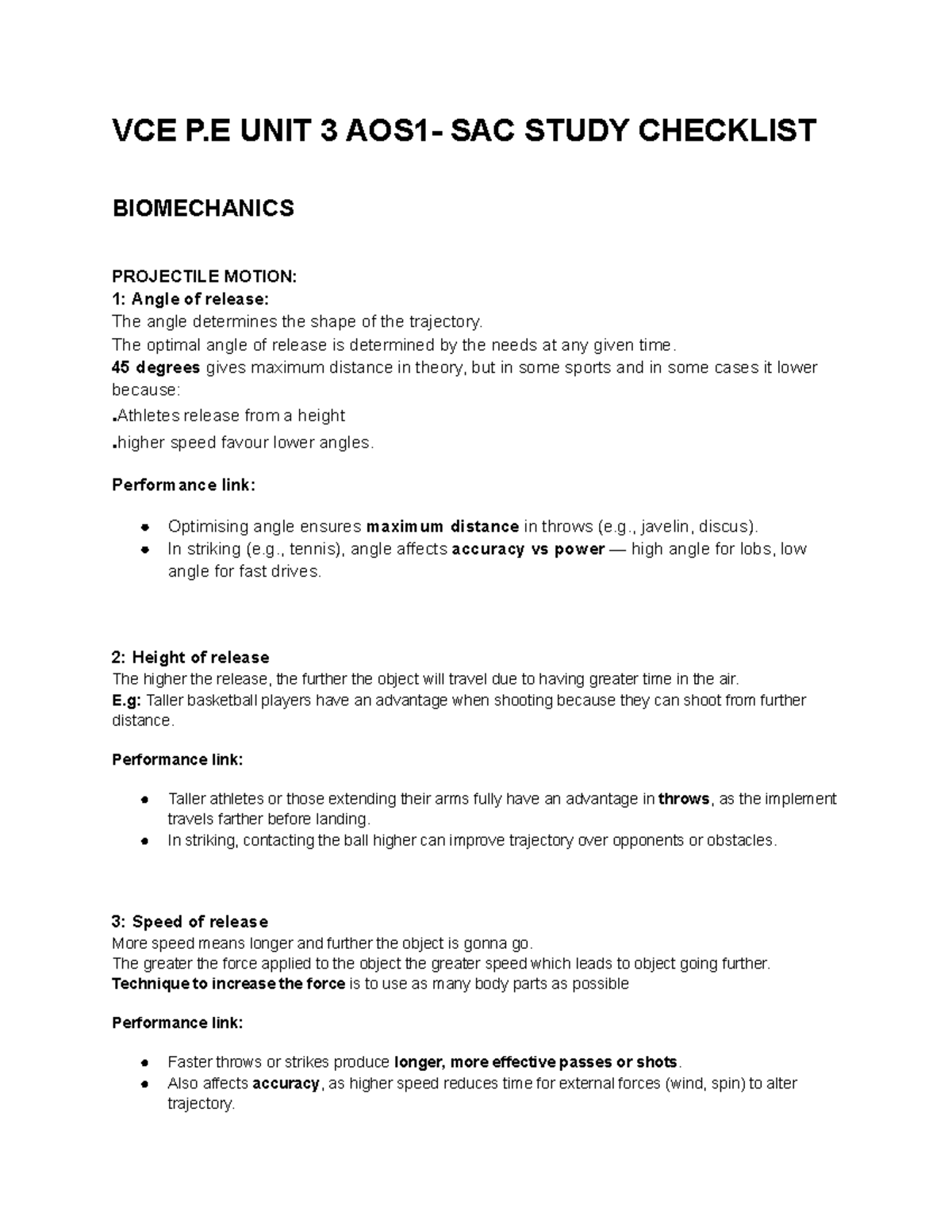 VCE P.E UNIT 3 SAC Study Checklist: Biomechanics of Projectile Motion ...