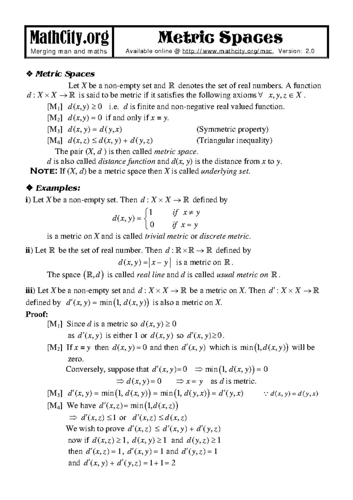 Handouts on Metric Spaces (MTH 405) - Comprehensive Overview - Studocu