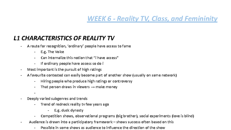 GSWS 2161 A - Week 6 Lecture Notes: Reality TV, Class, and Femininity ...