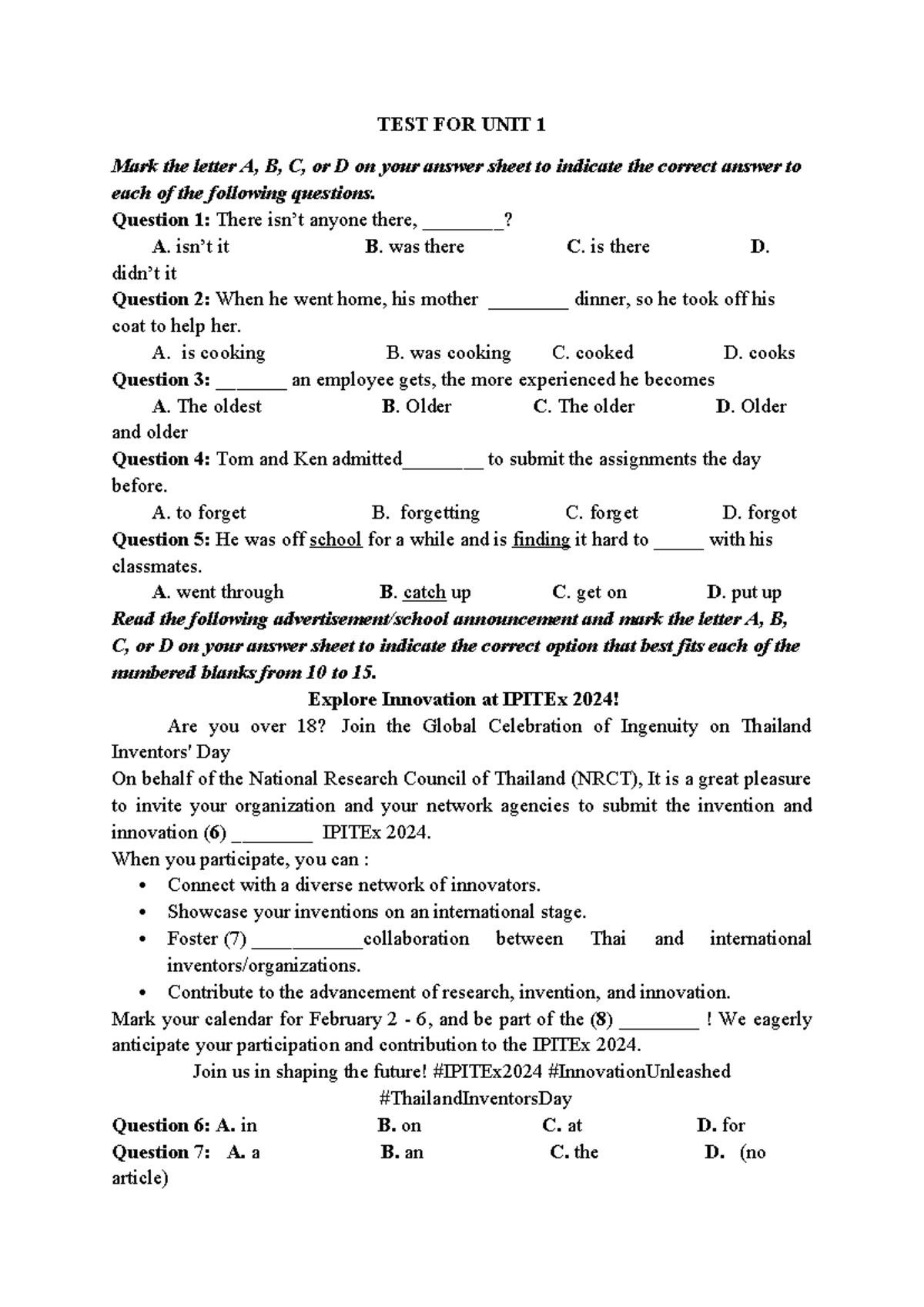 TEST FOR UNIT 1 - ĐỀ ÔN TẬP UNIT 1 FORM MỚI LỚP 12 GLOBAL SUCCESS - Studocu