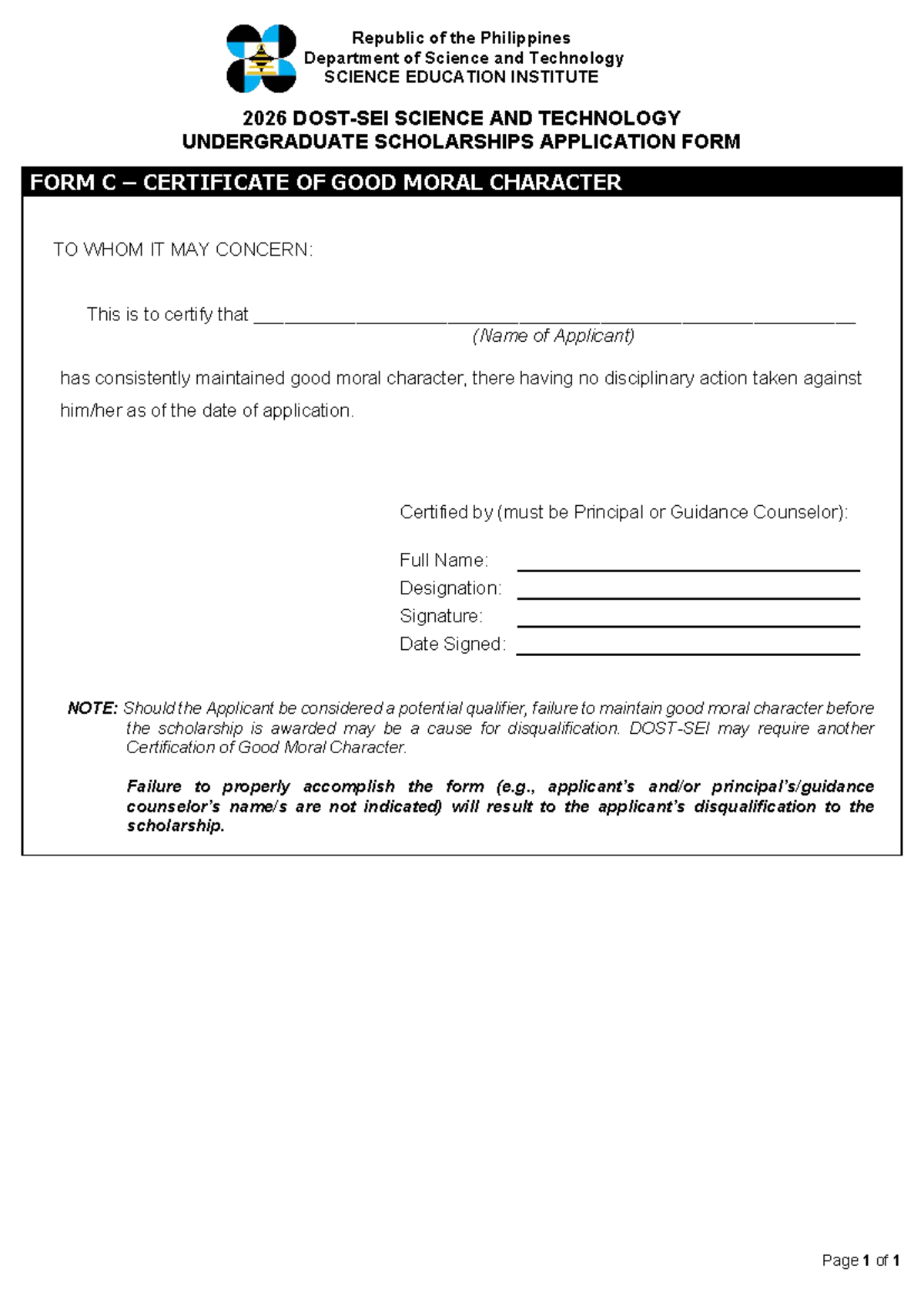 2026 DOST-SEI Undergraduate Scholarship Application Form C - Studocu