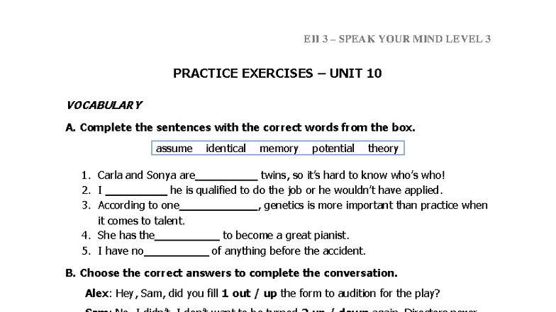 EII 3 SPEAK YOUR MIND LEVEL 3 UNIT 10 PRACTICE EXERCISES - Studocu
