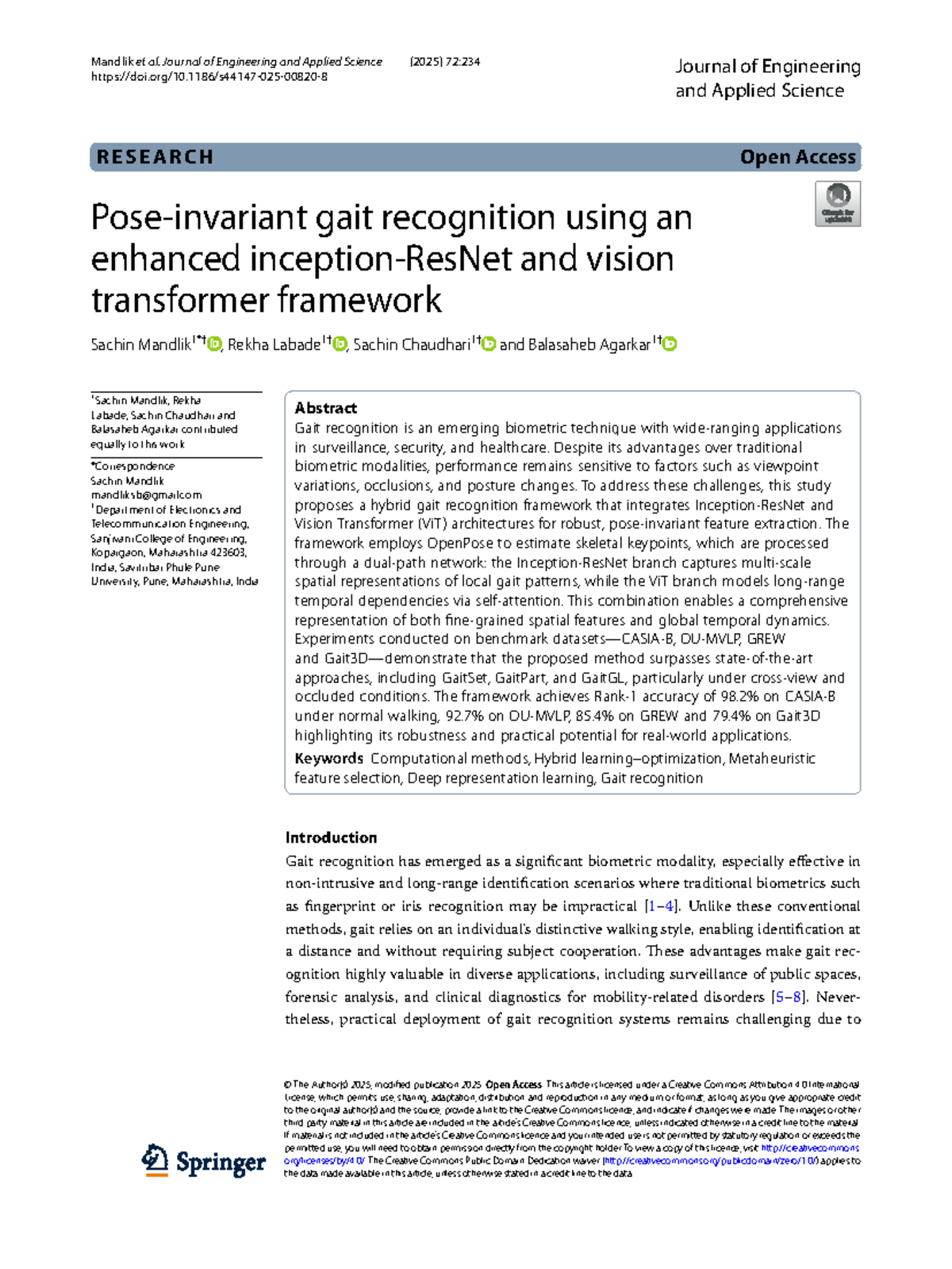 Enhanced Gait Recognition Framework Using ViT and OpenPose (ENGR 2025 ...
