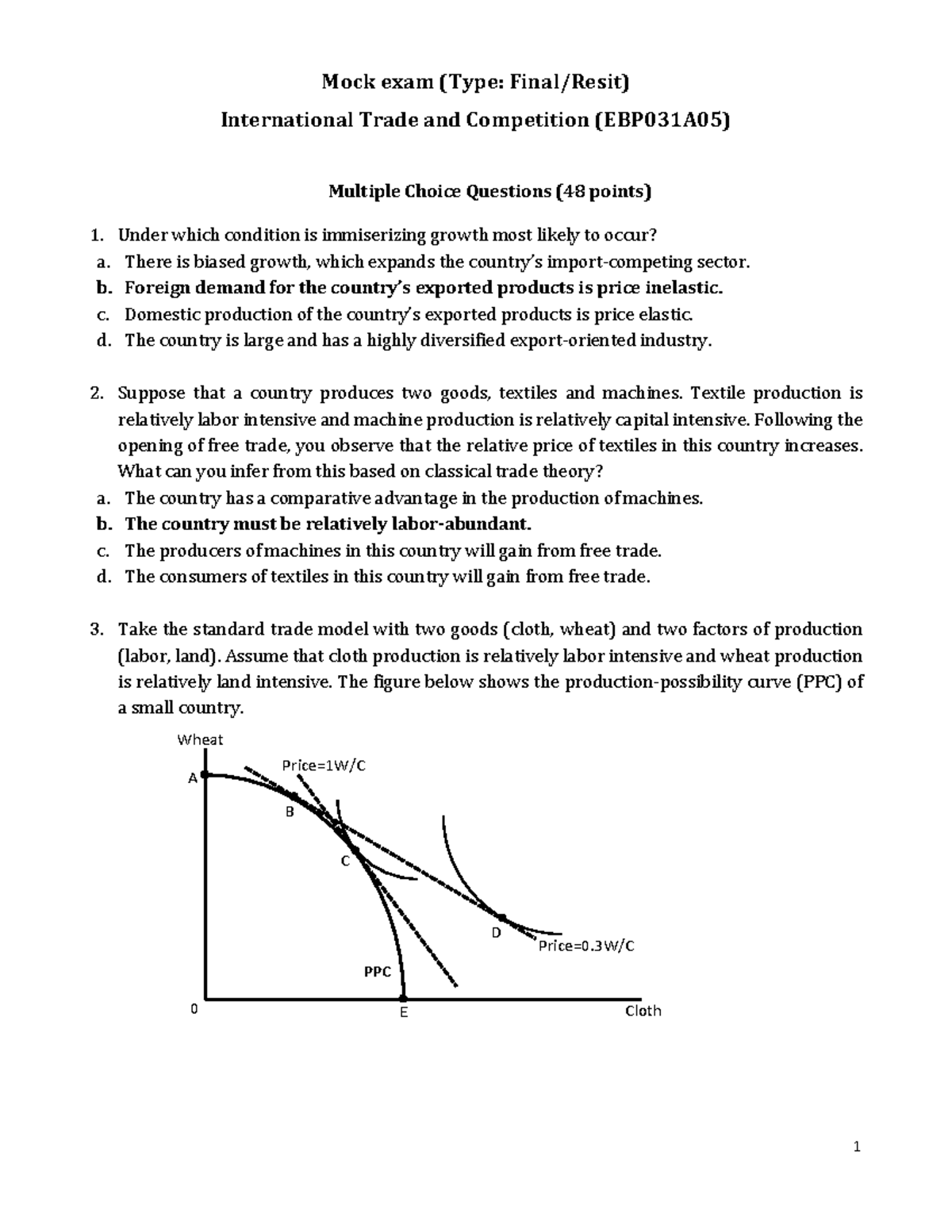 Mock Final Exam: International Trade and Competition (EBP031A05) MCQs ...