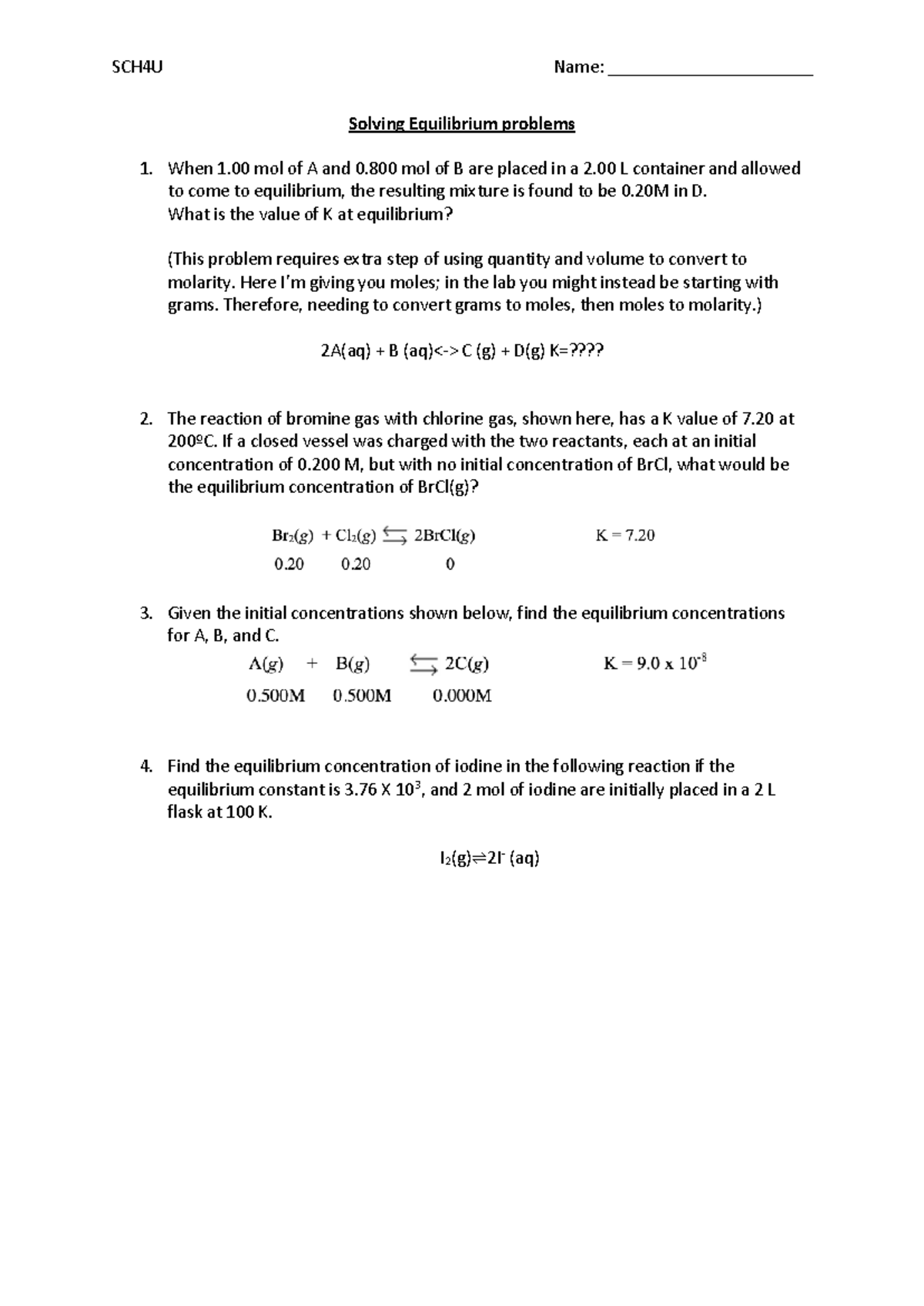 Solving Equilibrium Problems Worksheet - Sch4u Name 