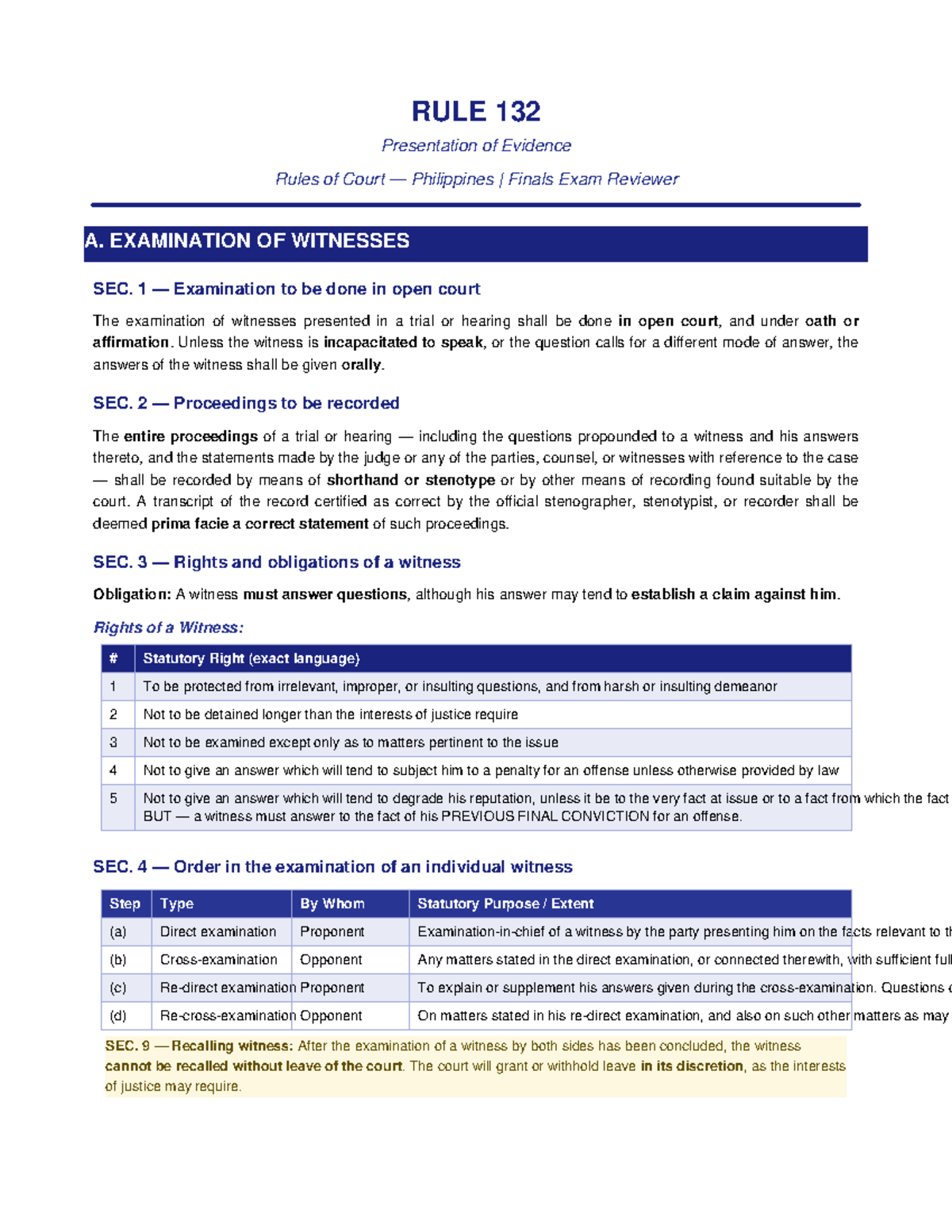 Rule 132: Evidence Presentation & Witness Examination - Finals Exam ...