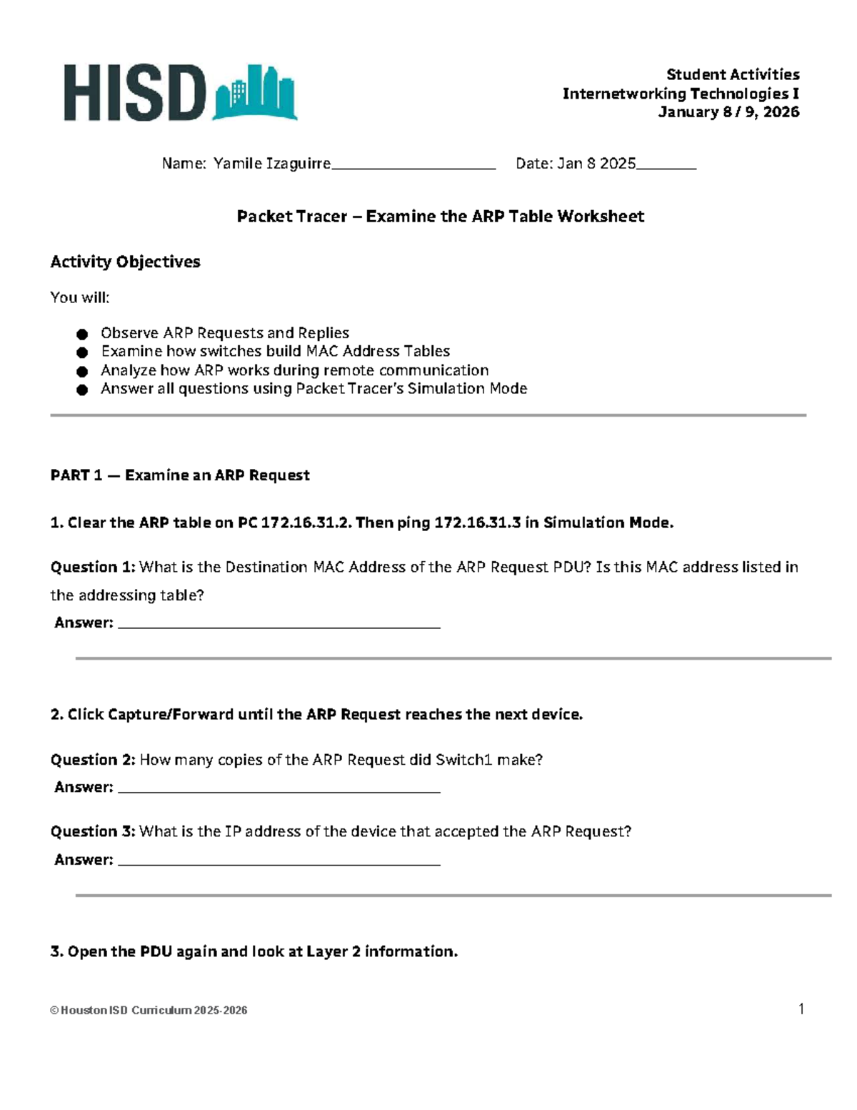 ITN SA 01.08-01.09: ARP Table & MAC Address Analysis Activity - Studocu