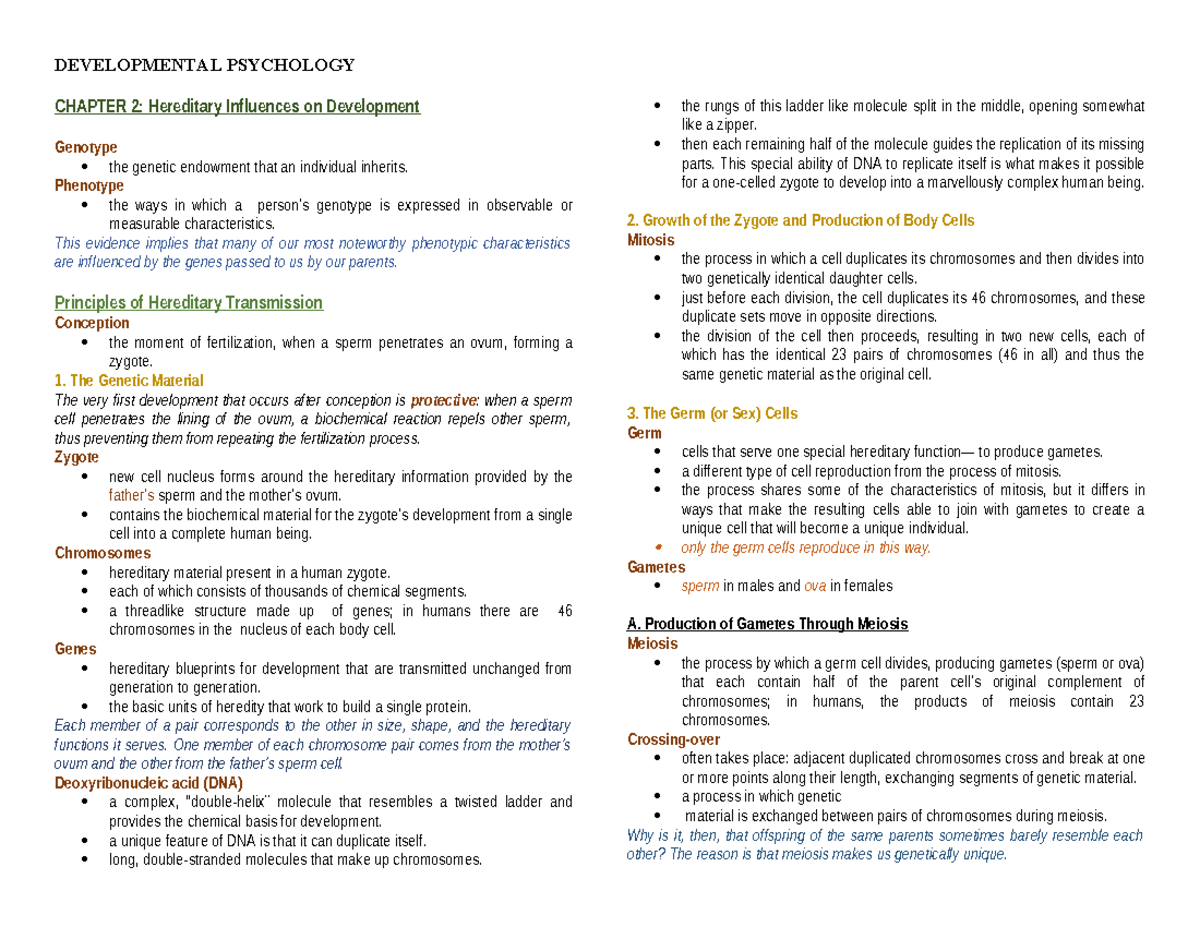 Reviewer sa devpsych - CHAPTER 2: Hereditary Influences on Development ...