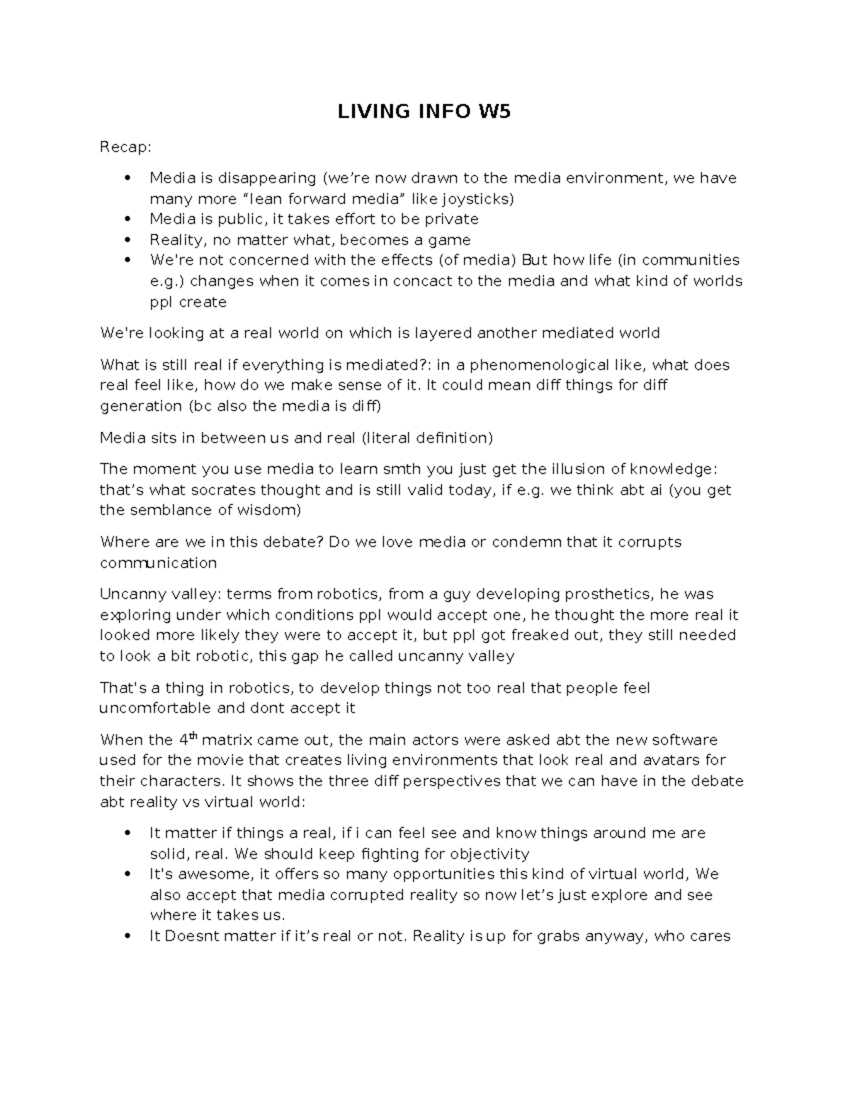 Living INFO W5 - Week 5 Lecture Notes on Media and Reality - Studeersnel