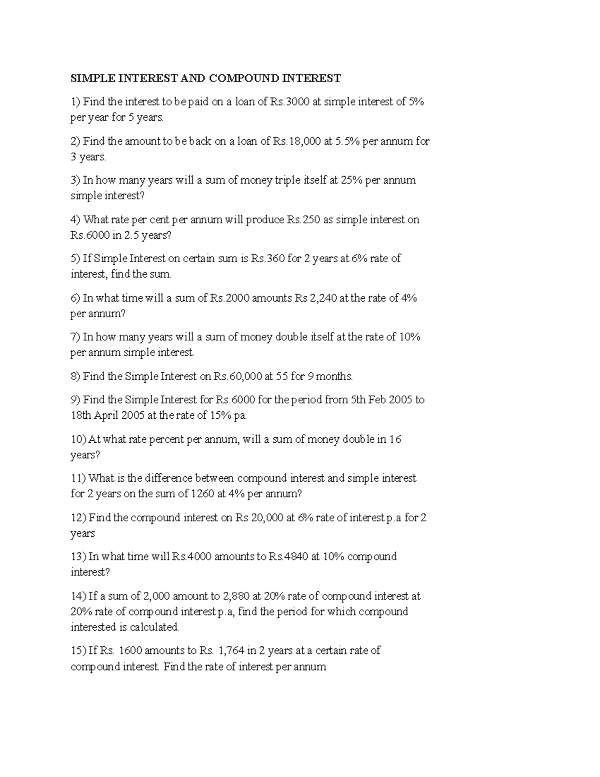 Questions on Simple & Compound Interest (Math 101) - Studocu