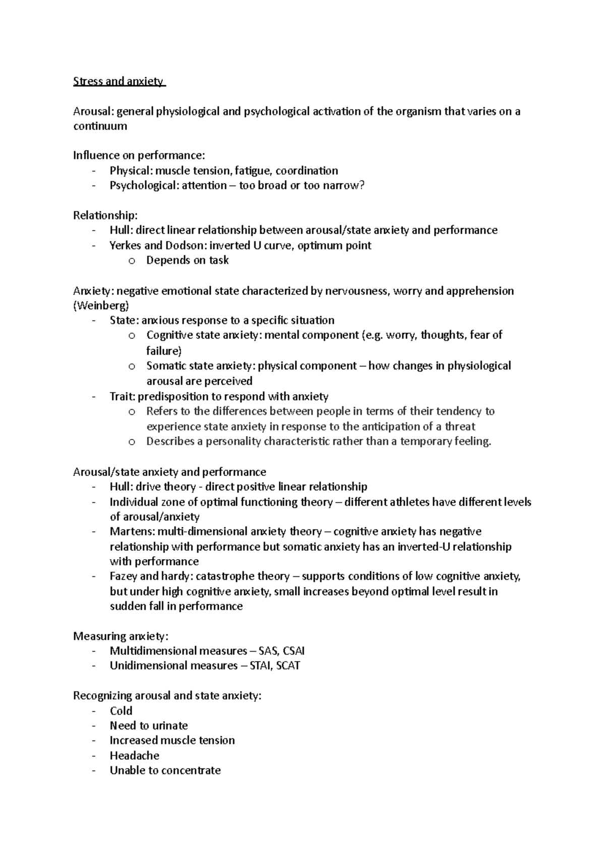 Stress and anxiety - Lecture notes 7 - Stress and anxiety Arousal ...