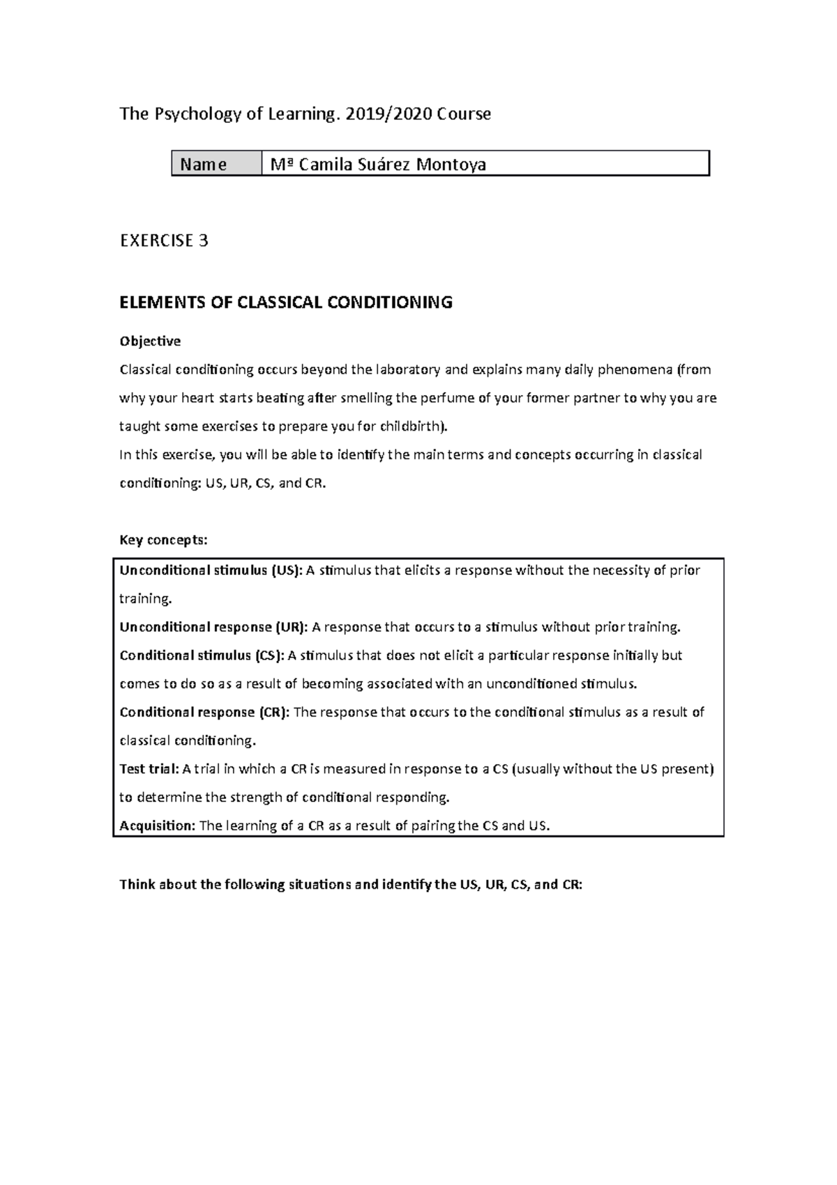 Exercise 3: Key Elements of Classical Conditioning - Psychology 2019/ ...
