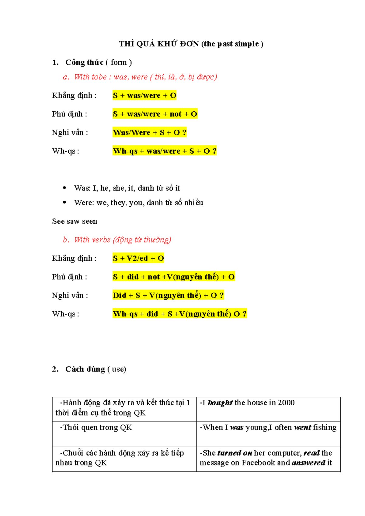 THÌ QUÁ KHỨ ĐƠN (Past Simple) - Công Thức và Cách Dùng - Studocu