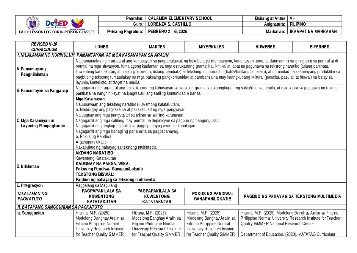 G5 Filipino DLL Q4 W2: Guro Lorenza S. Castillo's Daily Lesson Log ...