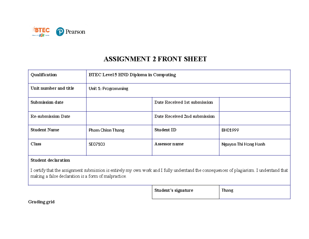 BTEC Level 5 HND Computing Unit 1: Programming Assignment 2 Report ...