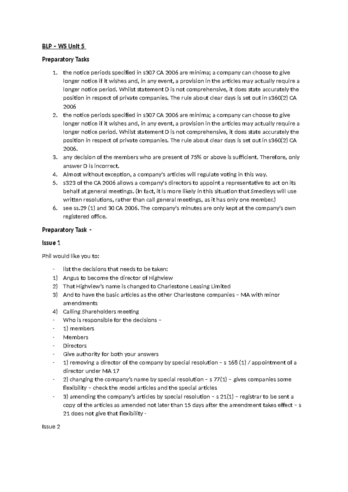 BLP - Week 2 - Notes (Print) - WS 2 – Separate Legal Personality and ...