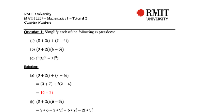 RMIT University MATH 2239 Mathematics 1 Tutorial 2 Solutions on Complex ...