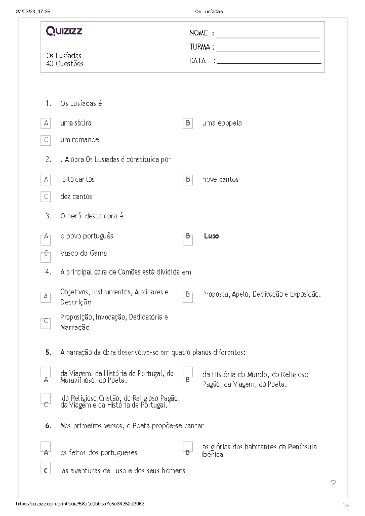 Os Lusíadas - Questões para Ficha de Trabalho - Document Preview
