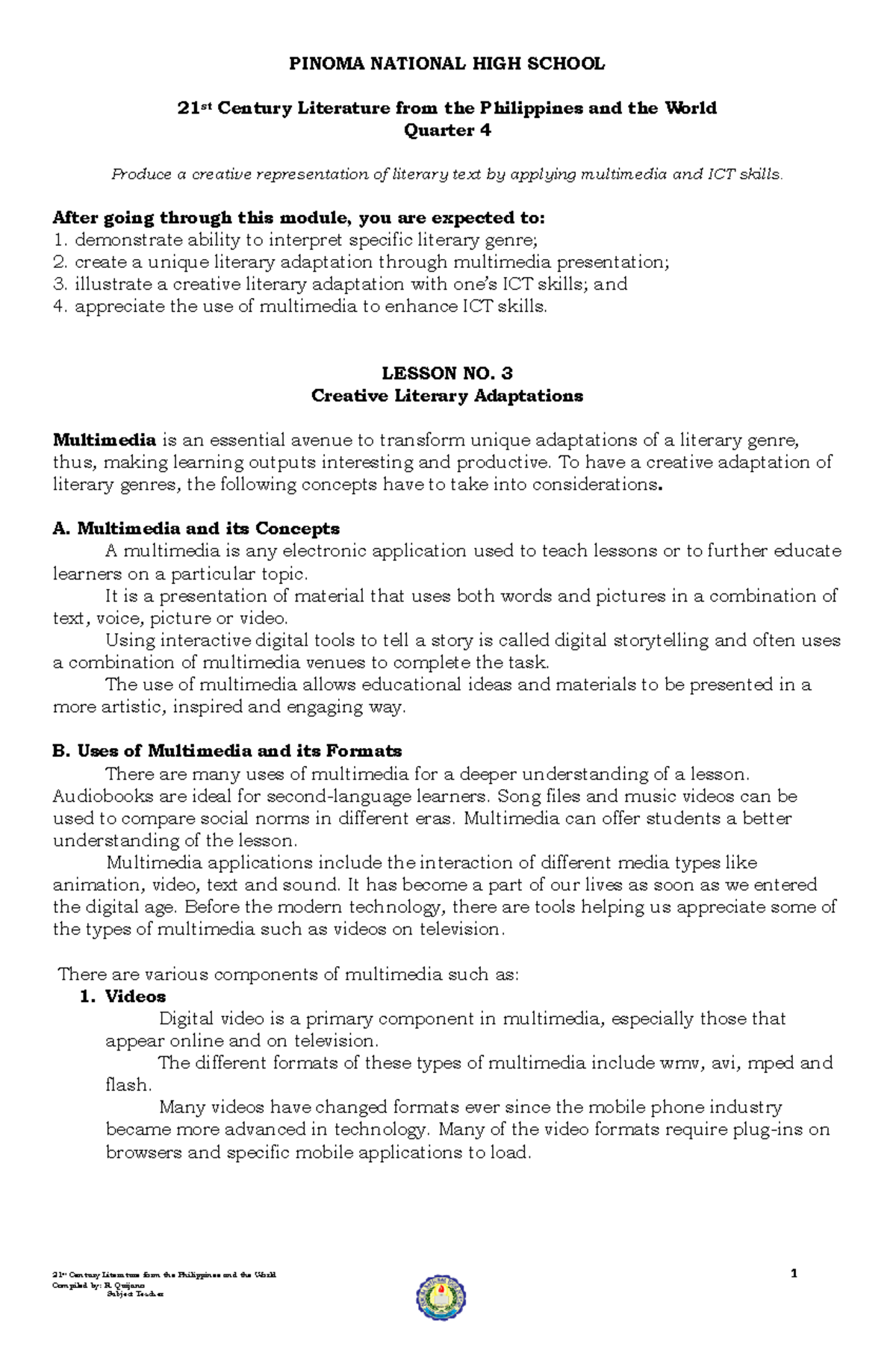 21st Century Lit from the PH & World: Q4 Multimedia Lessons - Studocu