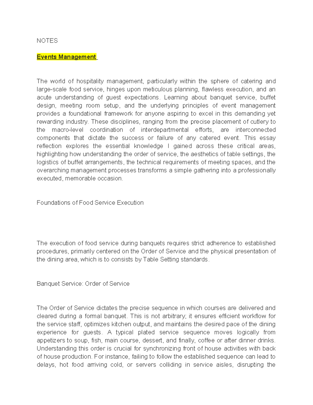Notes on Hospitality Management: Event Planning & Execution - Studocu