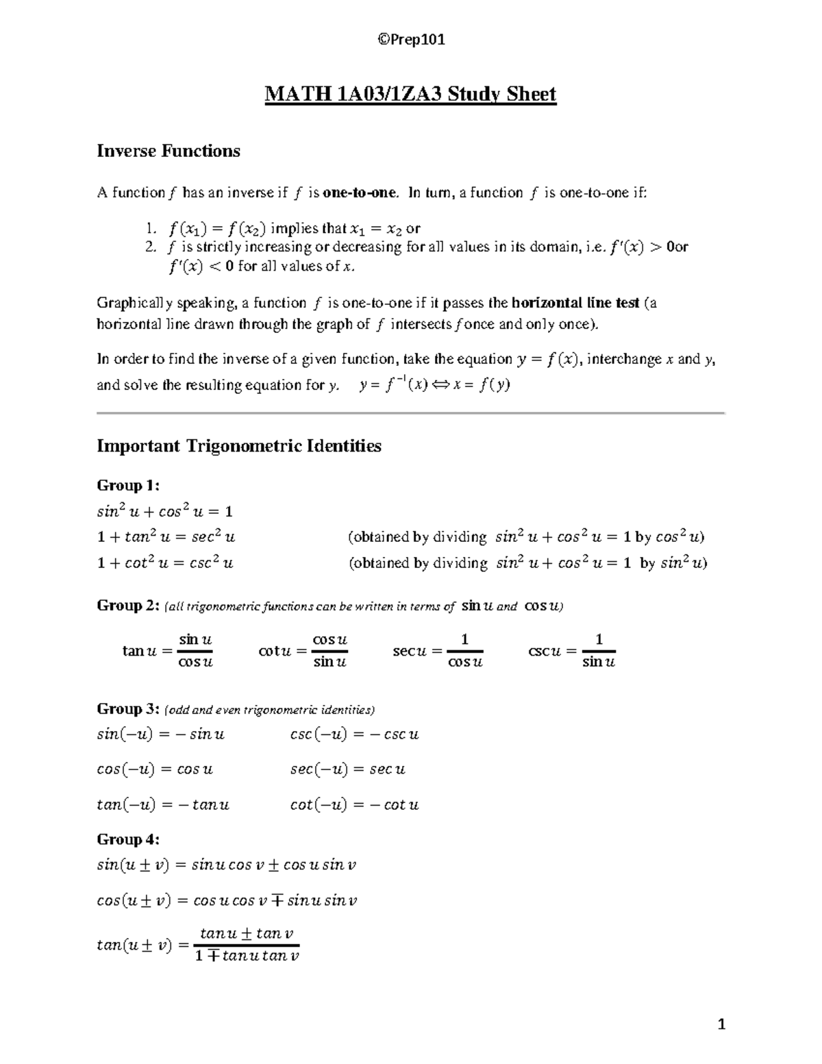 MATH 1A03/1ZA3 Comprehensive Study Sheet on Functions and Calculus ...