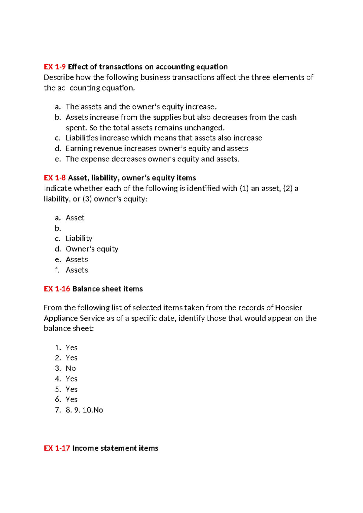 ACCT 101: Effects of Transactions on Accounting Equation - Exercises ...