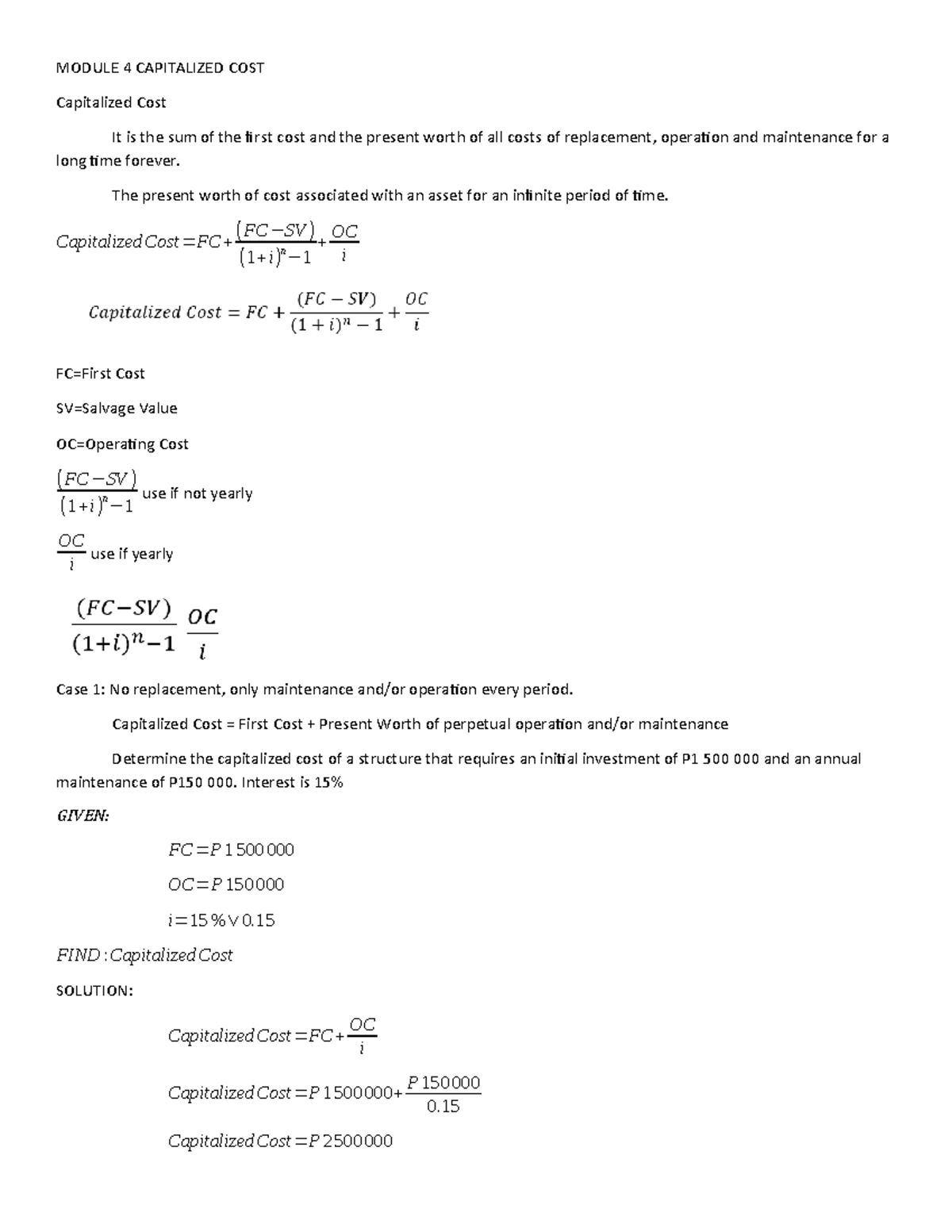 Capitalized Cost & Depreciation Analysis for Engineering Studies (ENG ...