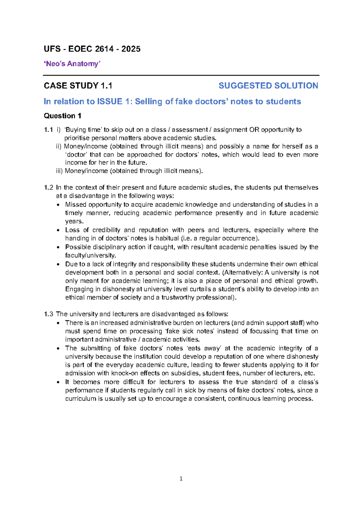 UFS EOEC 2614 2025 Case Study 1.1: Solutions to Issue 1 on Academic ...