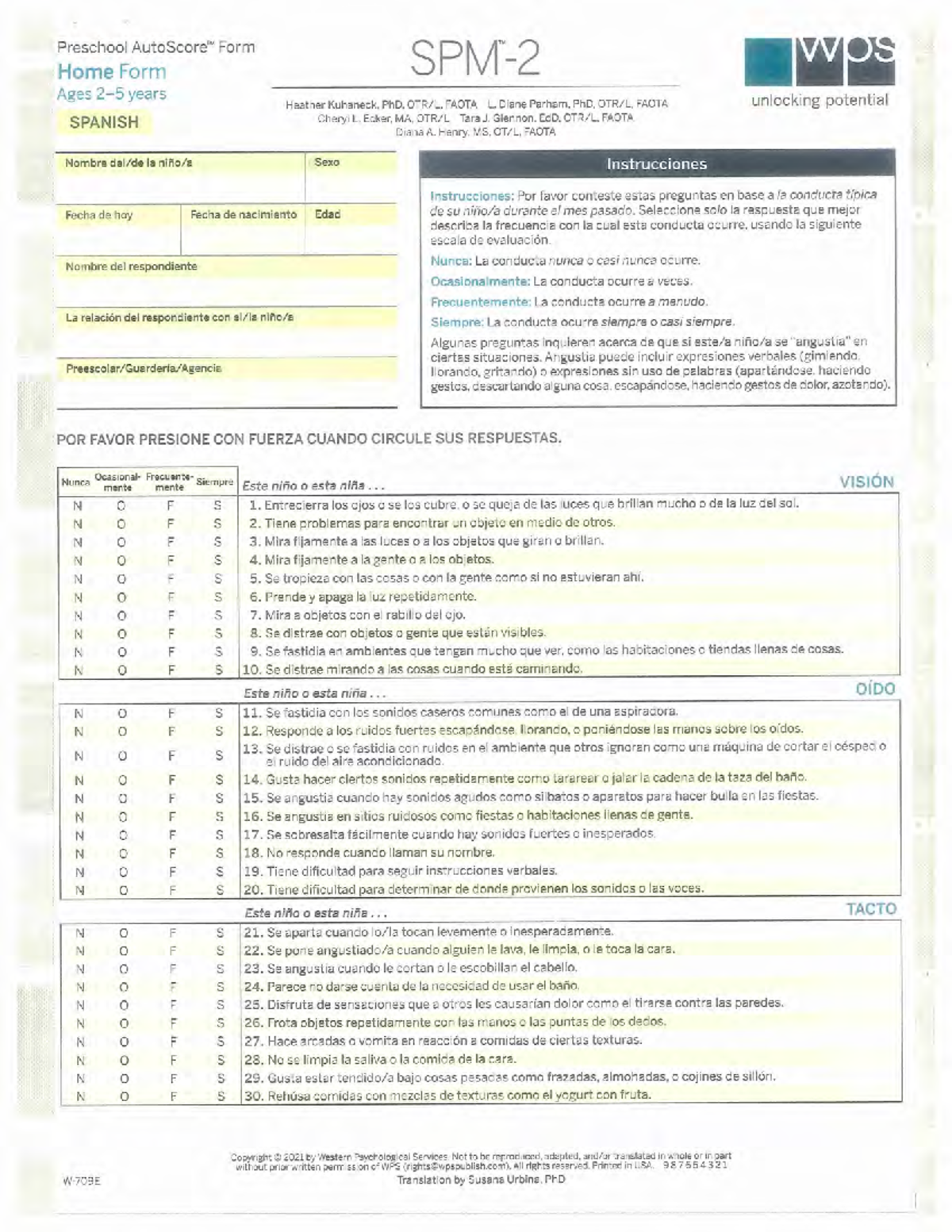 SPM-2 Home Form for Preschool Ages 2-5 (Spanish) - Document Preview