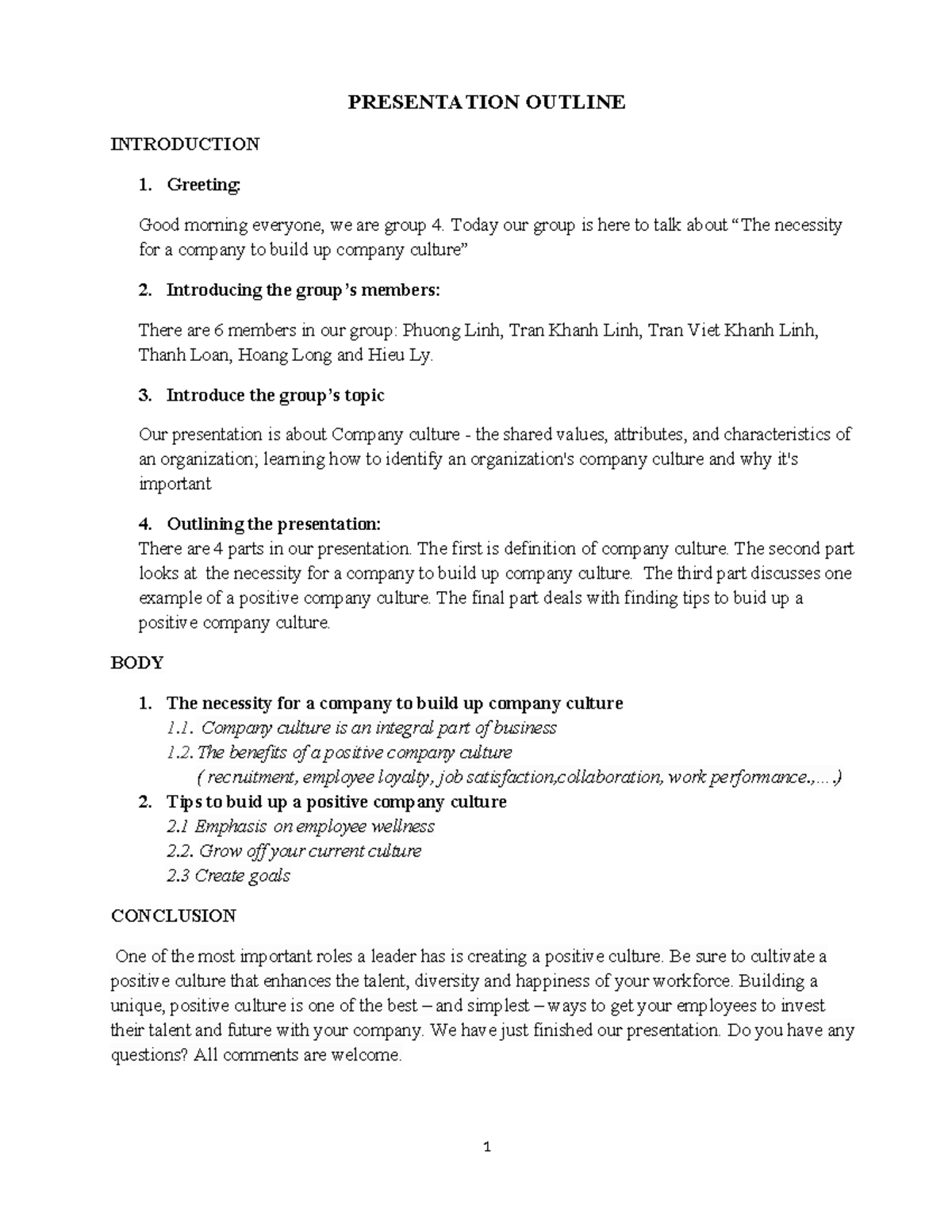 Sample outline - PRESENTATION OUTLINE INTRODUCTION 1. Greeting: Good ...