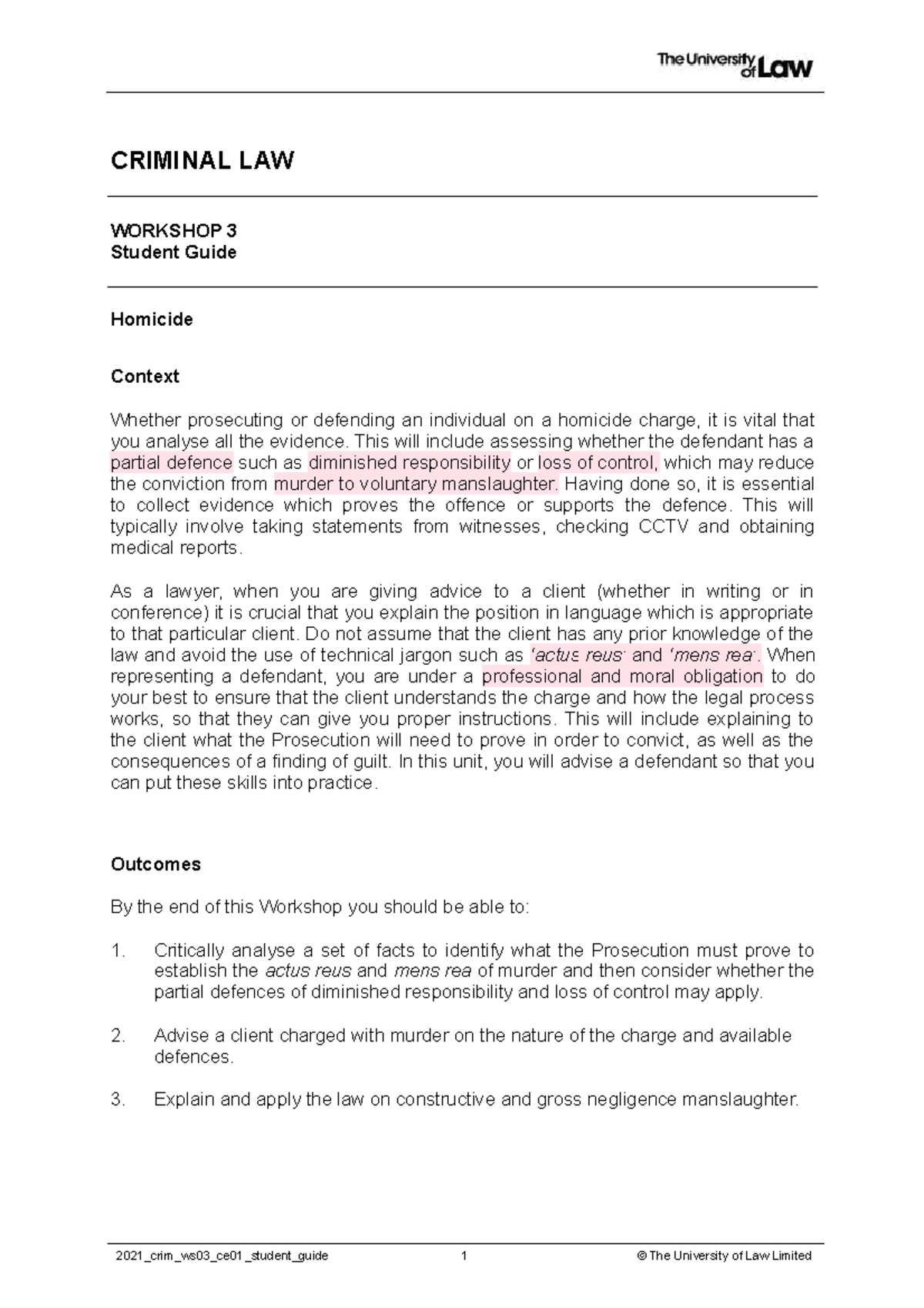 Criminal Law WS 3 - Lecture Notes on Homicide and Manslaughter - Studocu