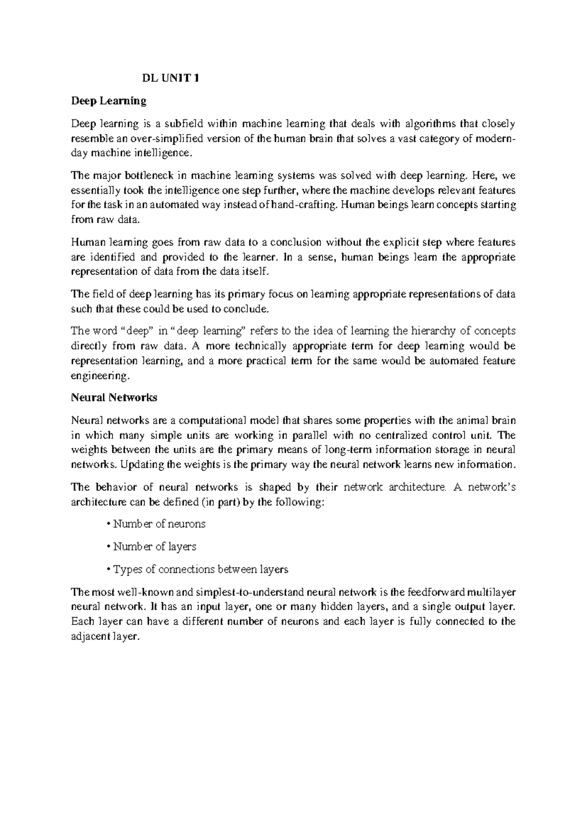 DL UNIT 1 - Deep Learning - DL UNIT 1 Deep Learning Deep learning is a ...