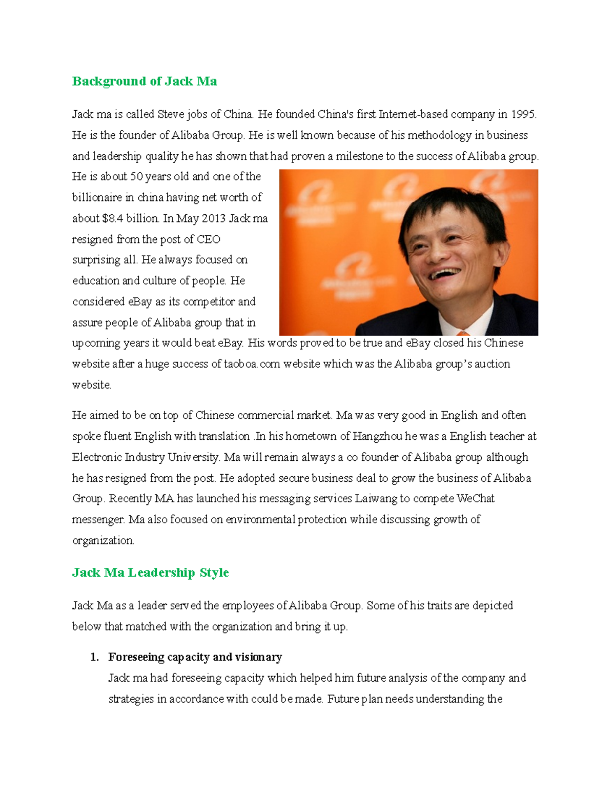 Jack Ma: Leadership Traits and Business Strategies Analysis - Studocu