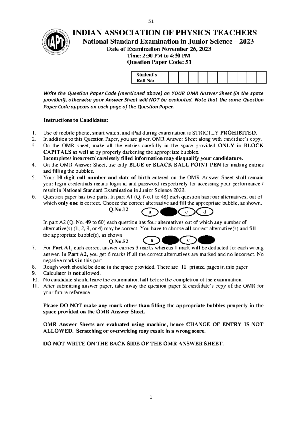 NSEJS 2023 Question Paper Set 51 - Examination Instructions and Details ...