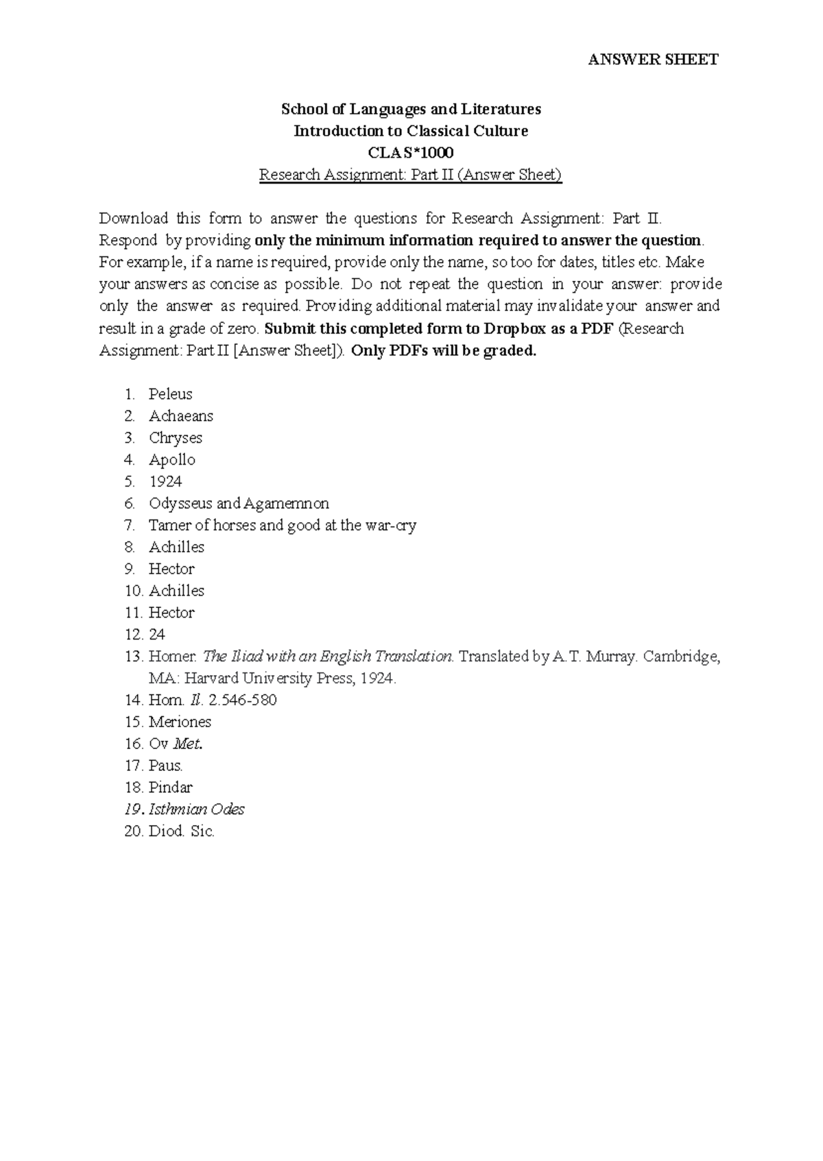Research Assignment Part II [Answer Sheet] - ANSWER SHEET School of ...