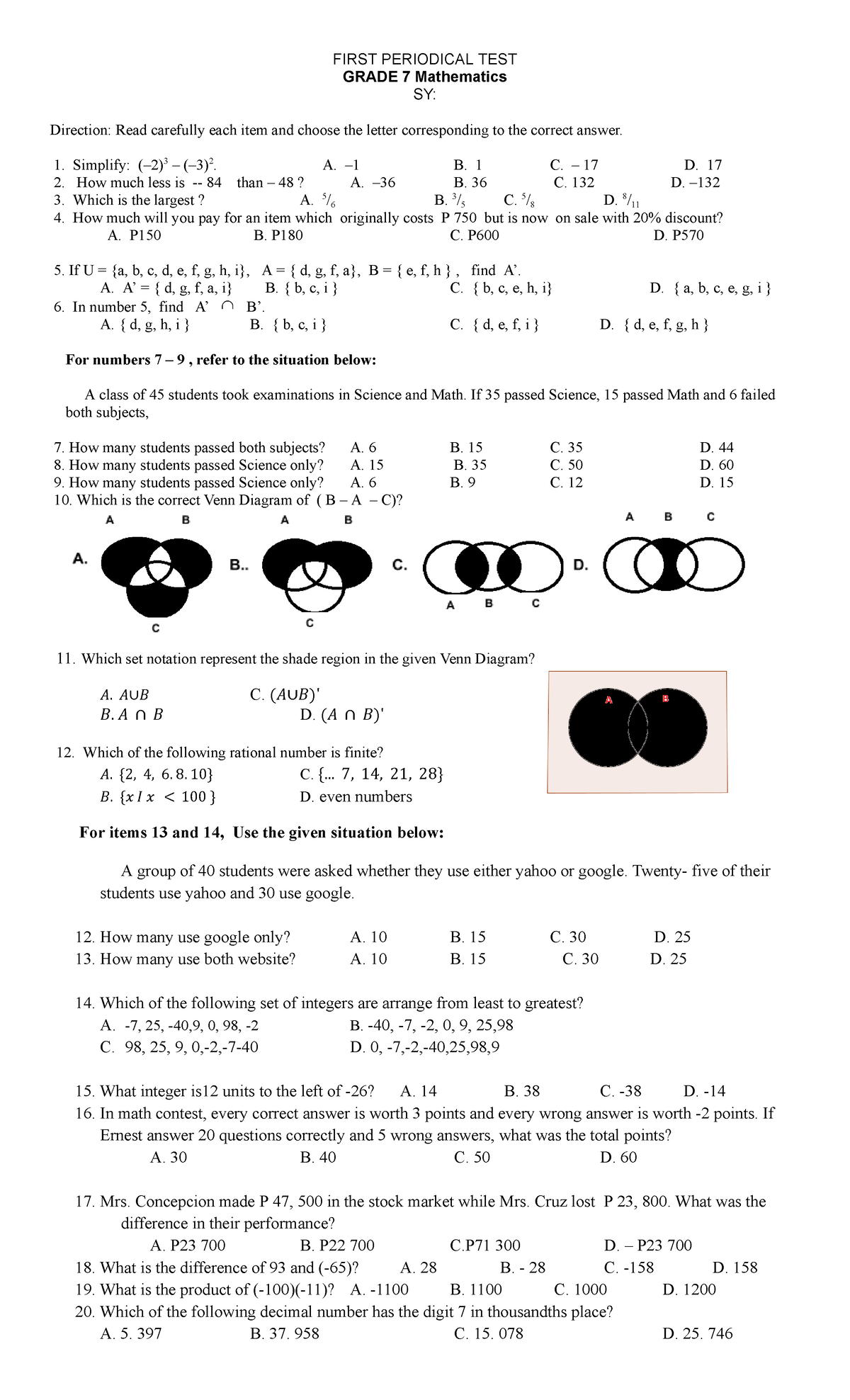 PT Mathematics 7 Q1 - a b c d e - FIRST PERIODICAL TEST GRADE 7 ...