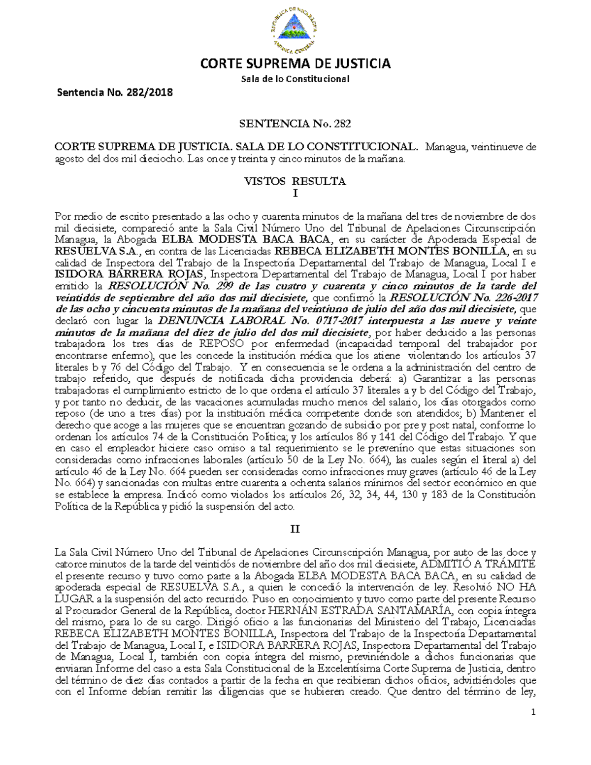 Sentencia 282/2018: Análisis sobre el Reposo Laboral según Código del Trabajo - Document Preview
