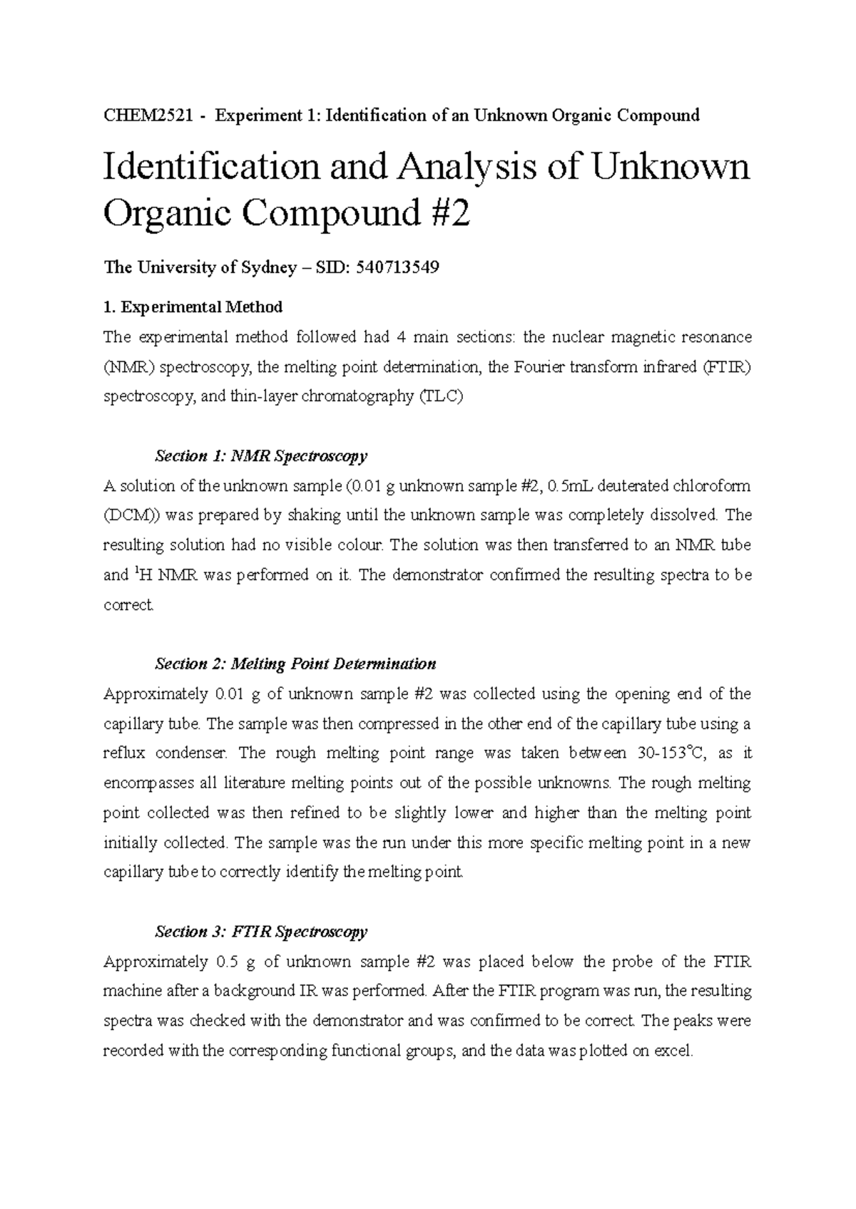 Experiment 1 - Short Report docx - CHEM2521 - Experiment 1 ...