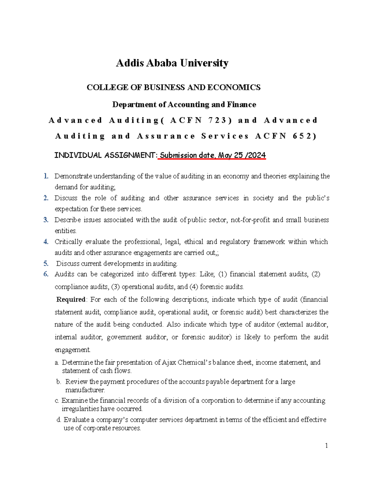 Advanced Auditing Assignments - Addis Ababa University COLLEGE OF ...