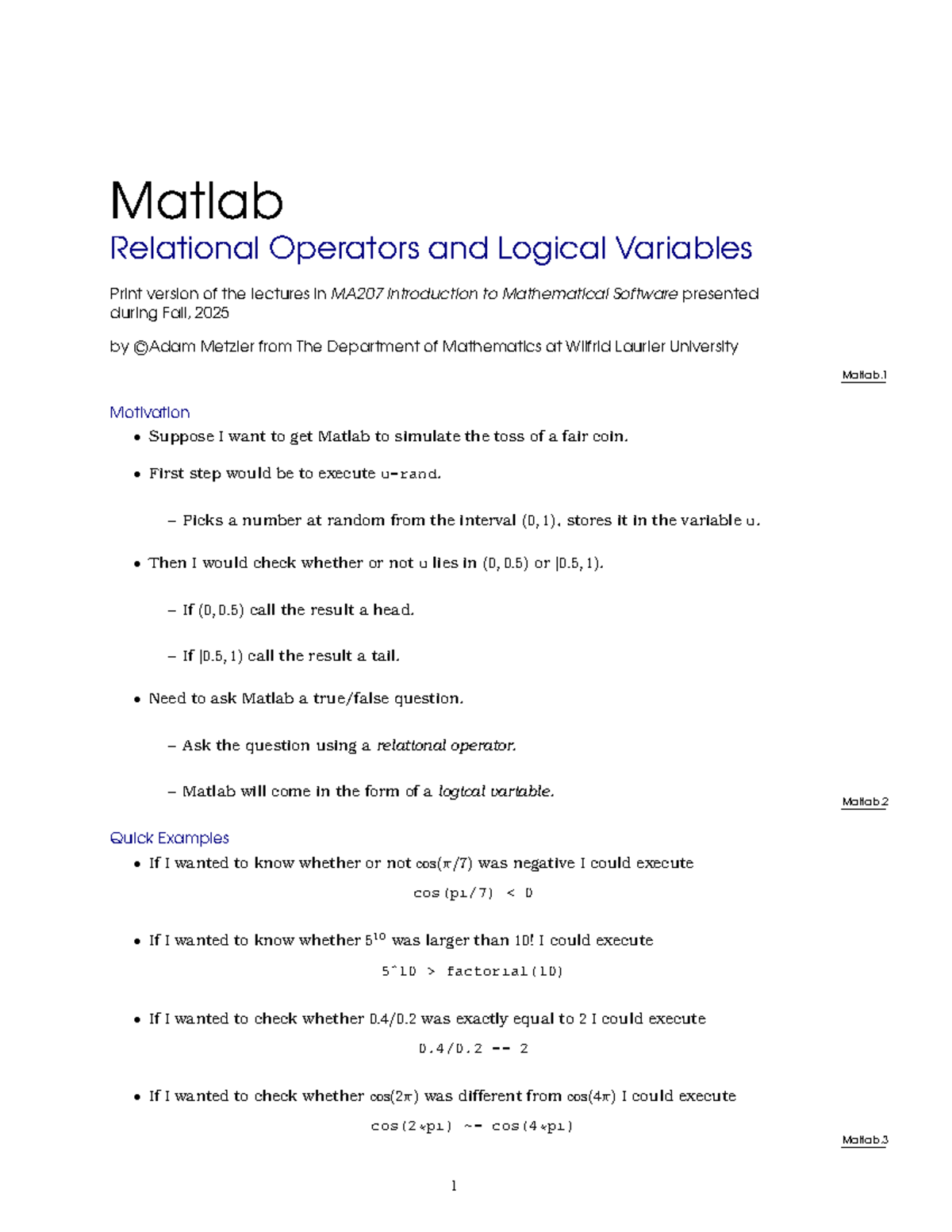 MA207 Final Exam Notes on Matlab Relational Operators and Logic - Studocu