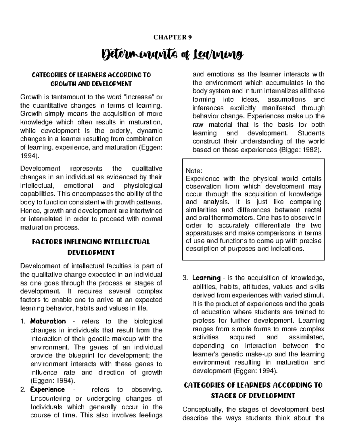 Finals Health- Education - CHAPTER 9 Determinants of Learning ...